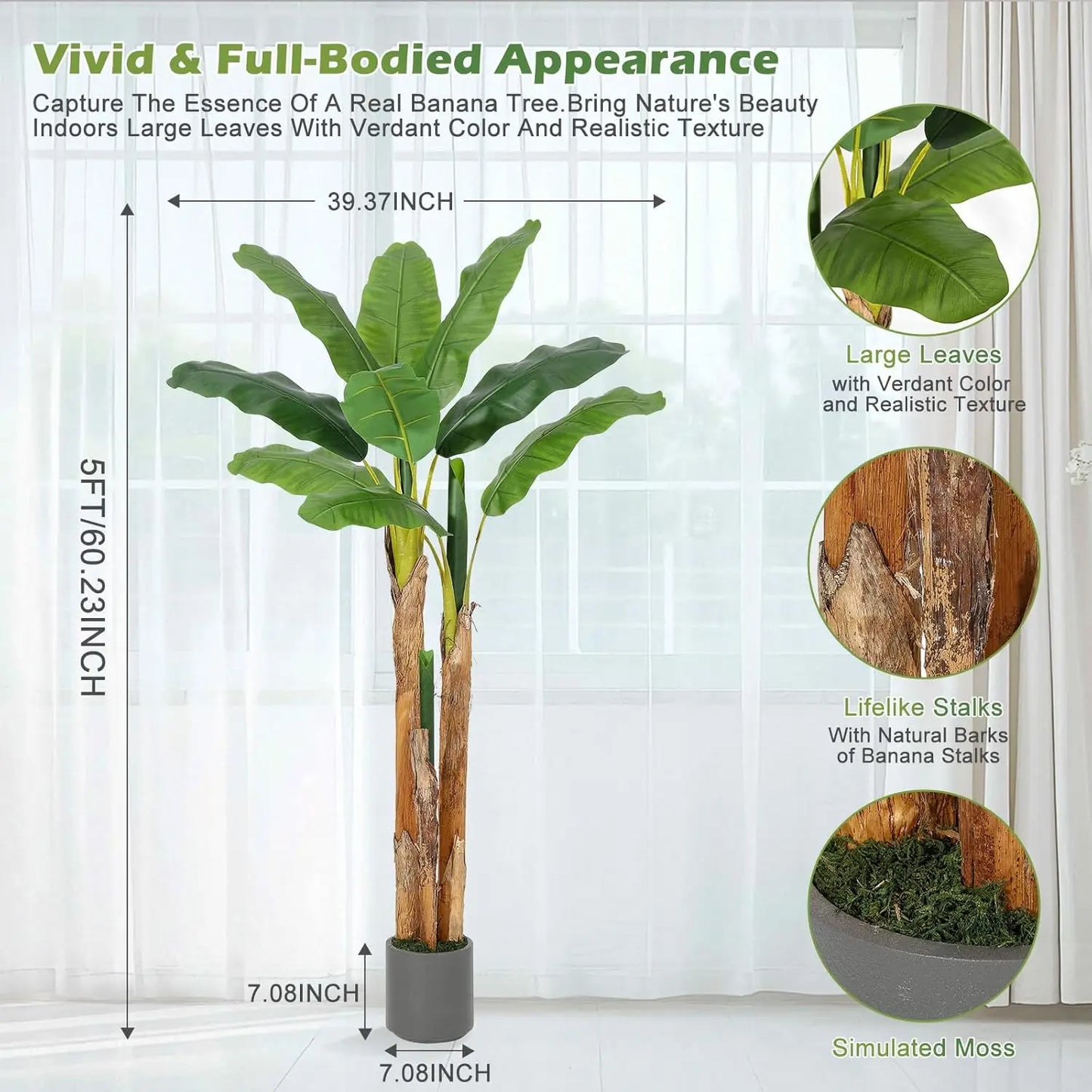 HiMISS Artificial Banana Tree In Grey Planter Faux Tropical Plant