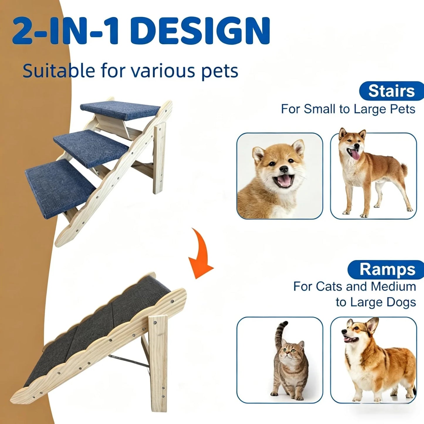 HiMISS 2 In 1 Collapsible Wooden Dog Stairs Ramp AntiSlip