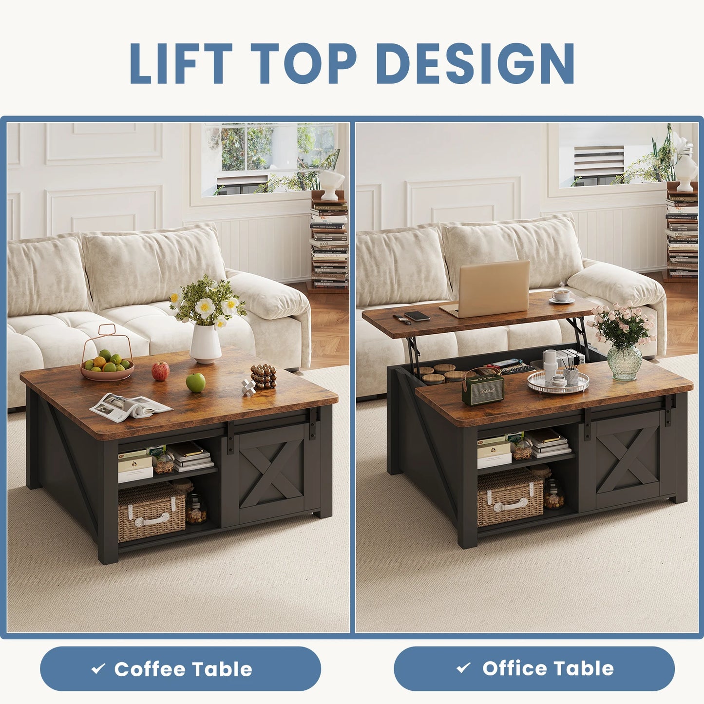 MCQ Lift-Top Wood Coffee Table With Adjustable Storage