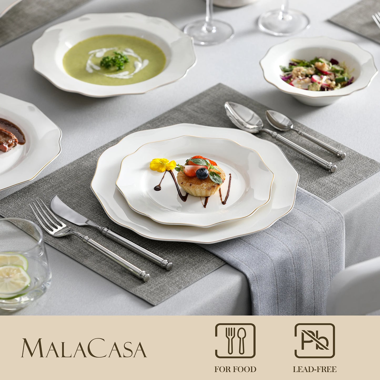 MALACASA Nordic Porcelain Tableware Set With Rimmed Dinnerware
