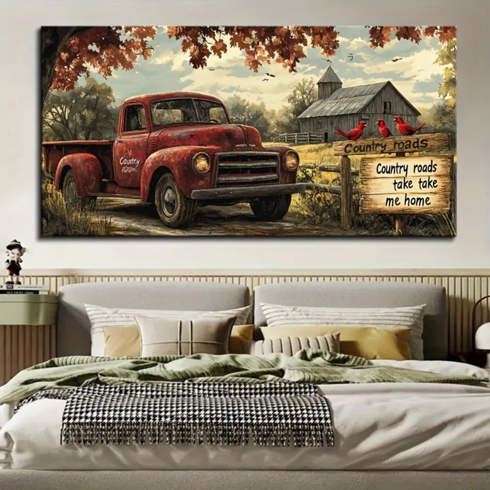 Framed Farmhouse Red Truck Wall Art Canvas Print Decorative