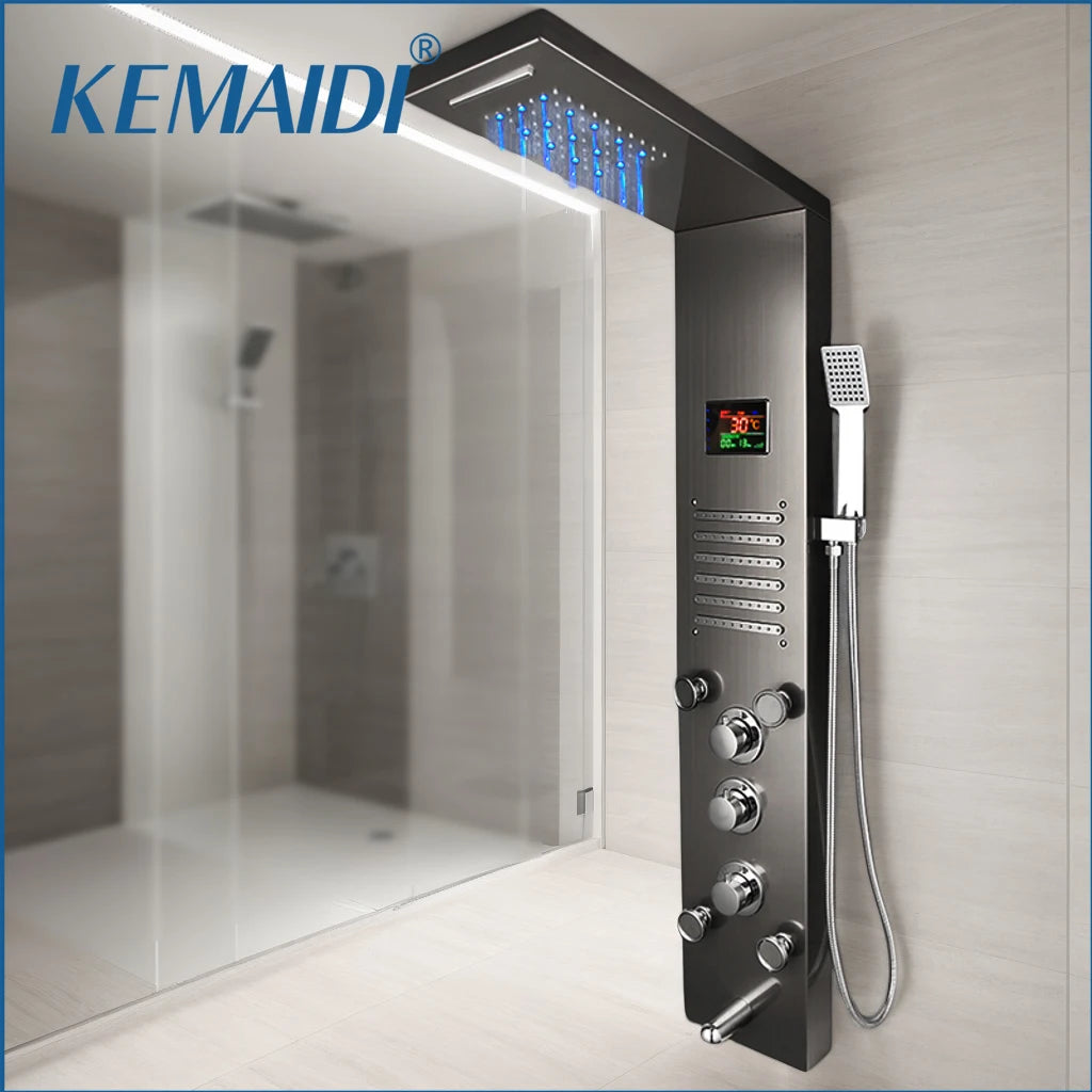 MEKKHALA LED Shower Panel With Rainfall Body Jets Digital Display