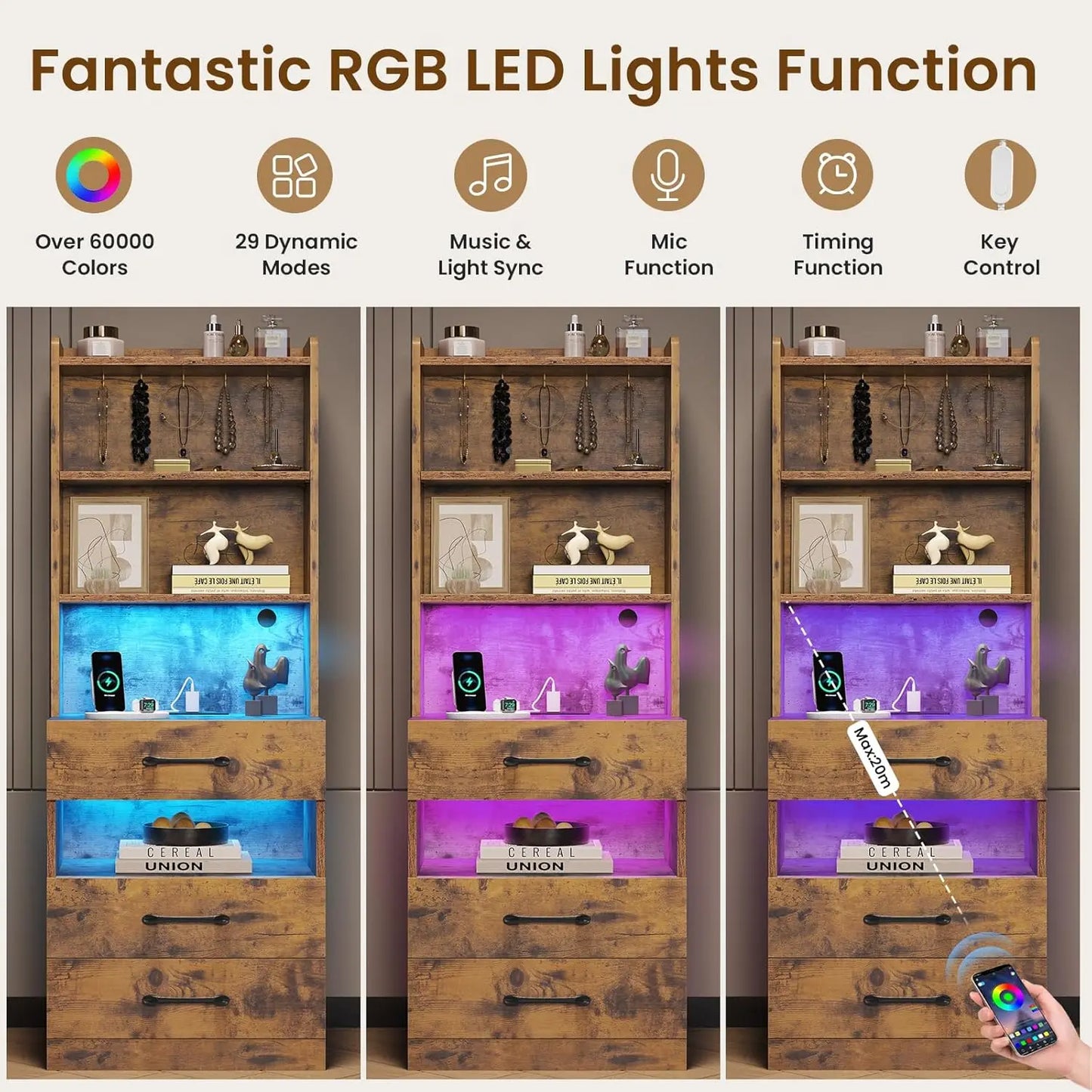 MOYU Nightstand With Charging Station And Led Lights