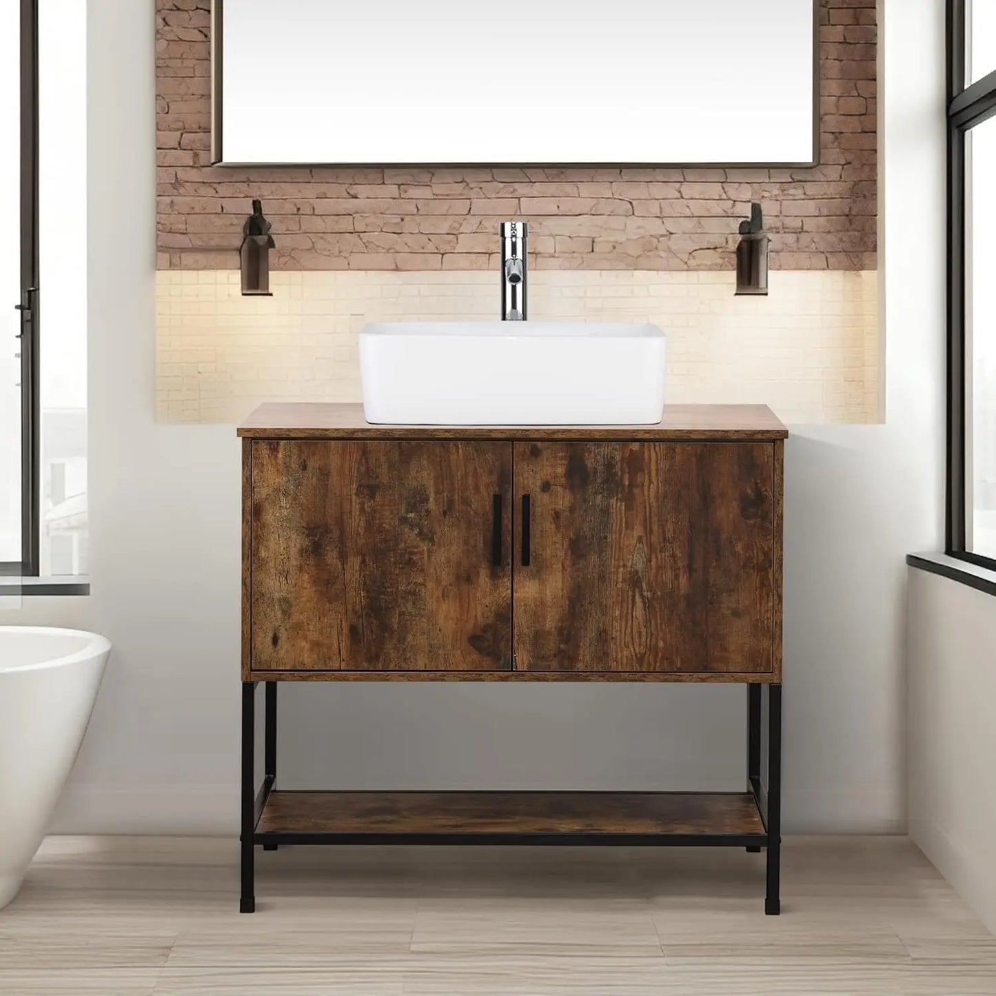 Rustic Industrial Bathroom Vanity With Sink Iron Frame Doors and Shelf