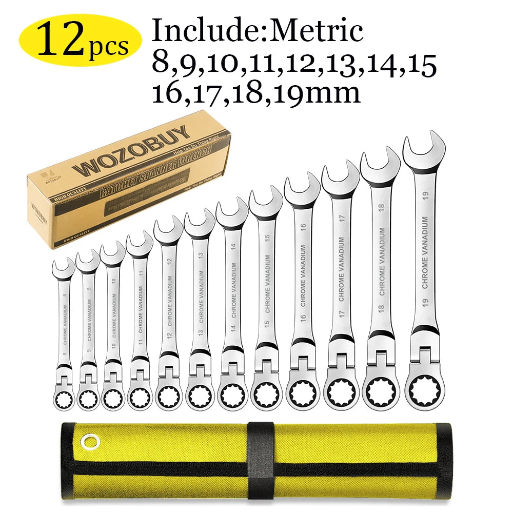 WOZOBUY Flex-Head Ratchet Wrench Set Cr-V Steel With Rolling Pouch