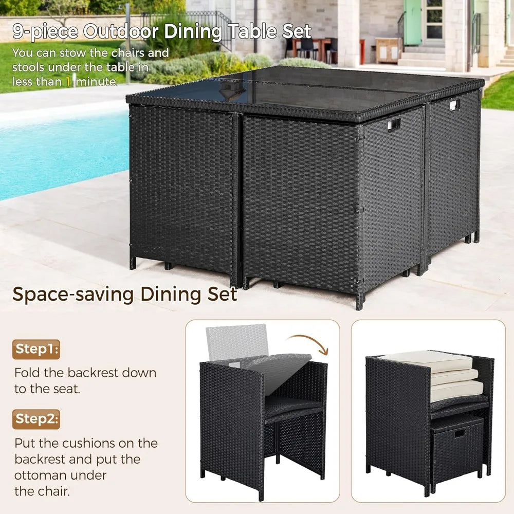 9 Piece Patio Dining Set Outdoor Rattan Chairs With Glass Table