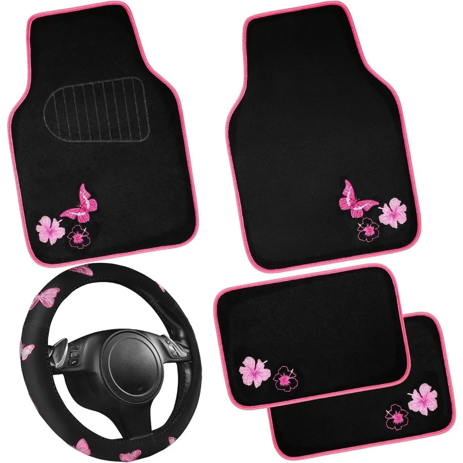 Embroidery Butterfly Steering Wheel Cover And Waterproof Car Floor Mats