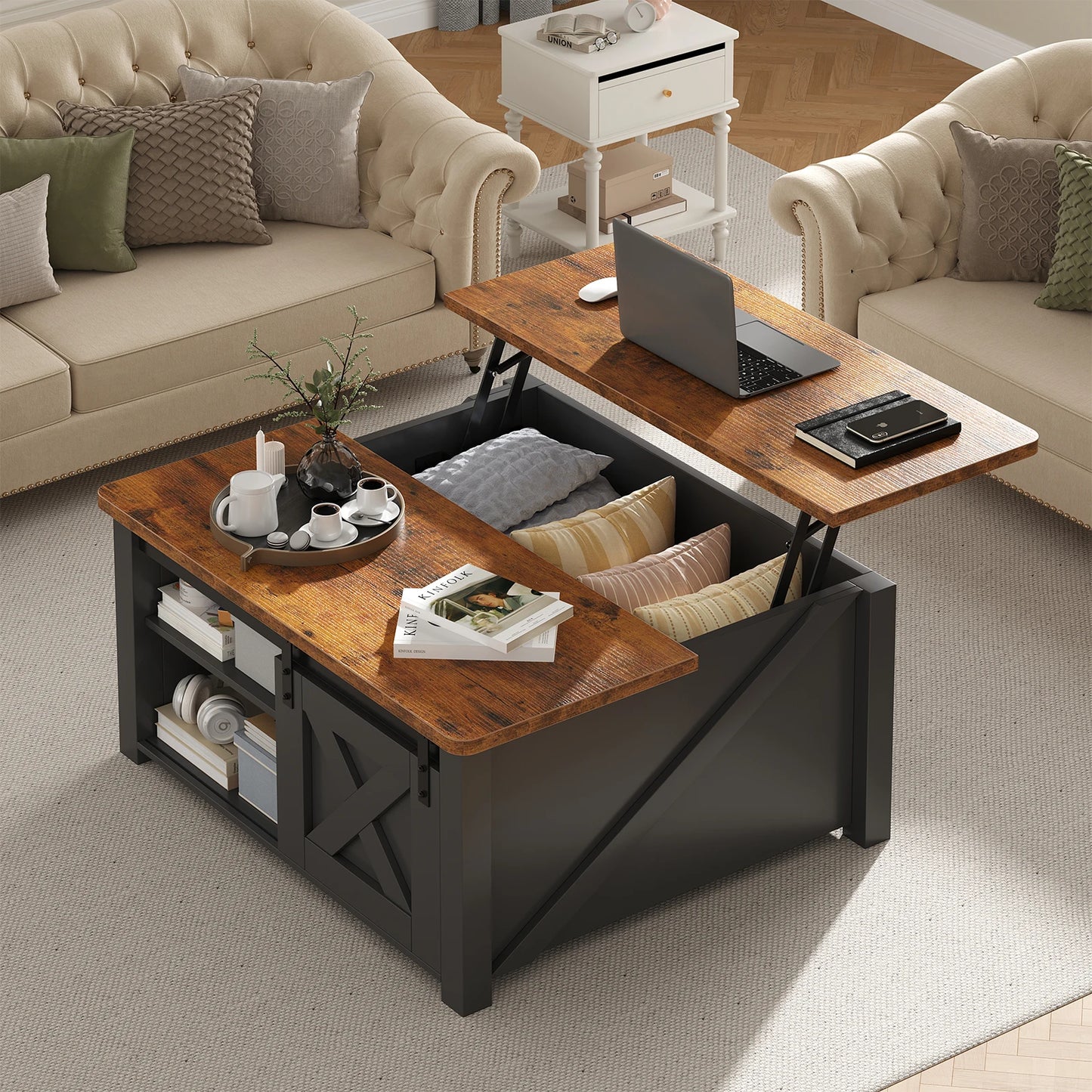 MCQ Lift-Top Wood Coffee Table With Adjustable Storage