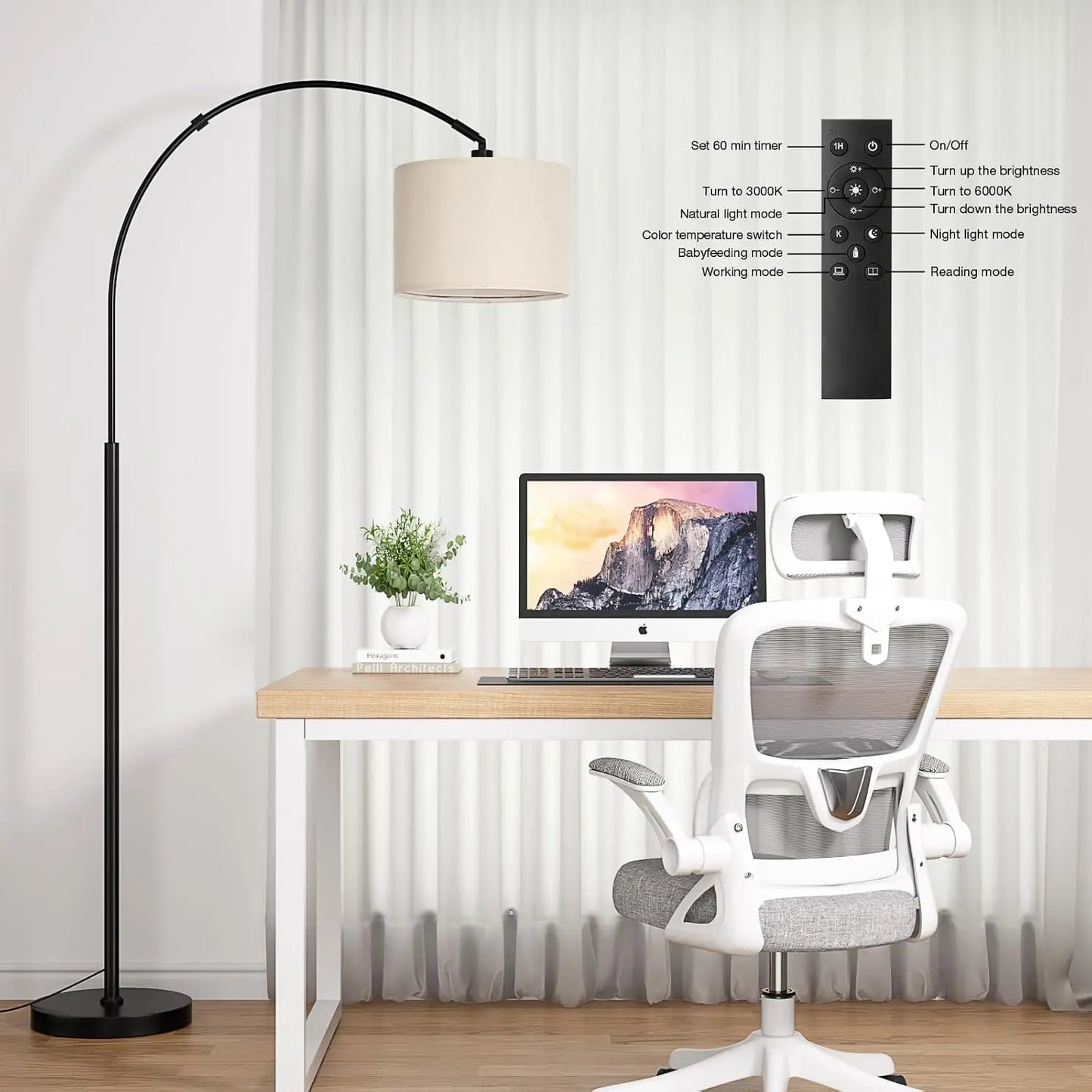 Dimmable Arc Floor Lamp With Remote And Rotating Head