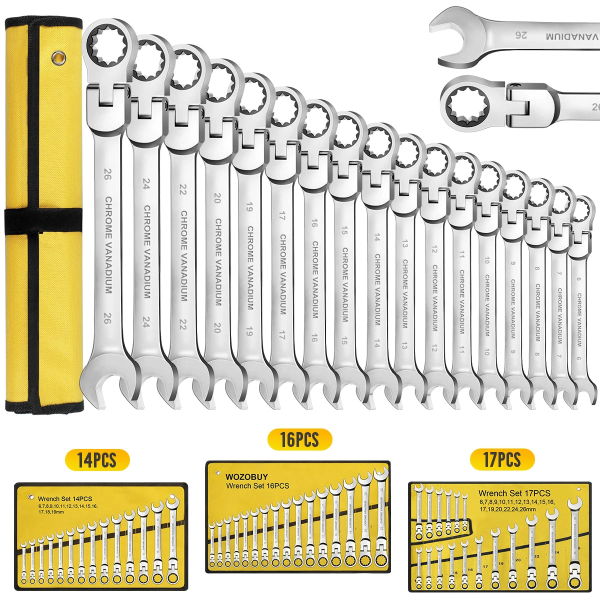 WOZOBUY Flex-Head Ratchet Wrench Set Cr-V Steel With Rolling Pouch