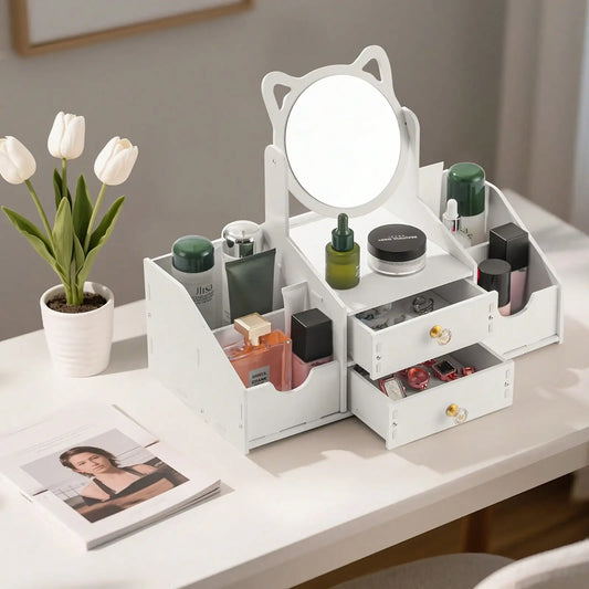 Mirror Makeup Organizer Plastic Storage Box For Vanity Bathroom
