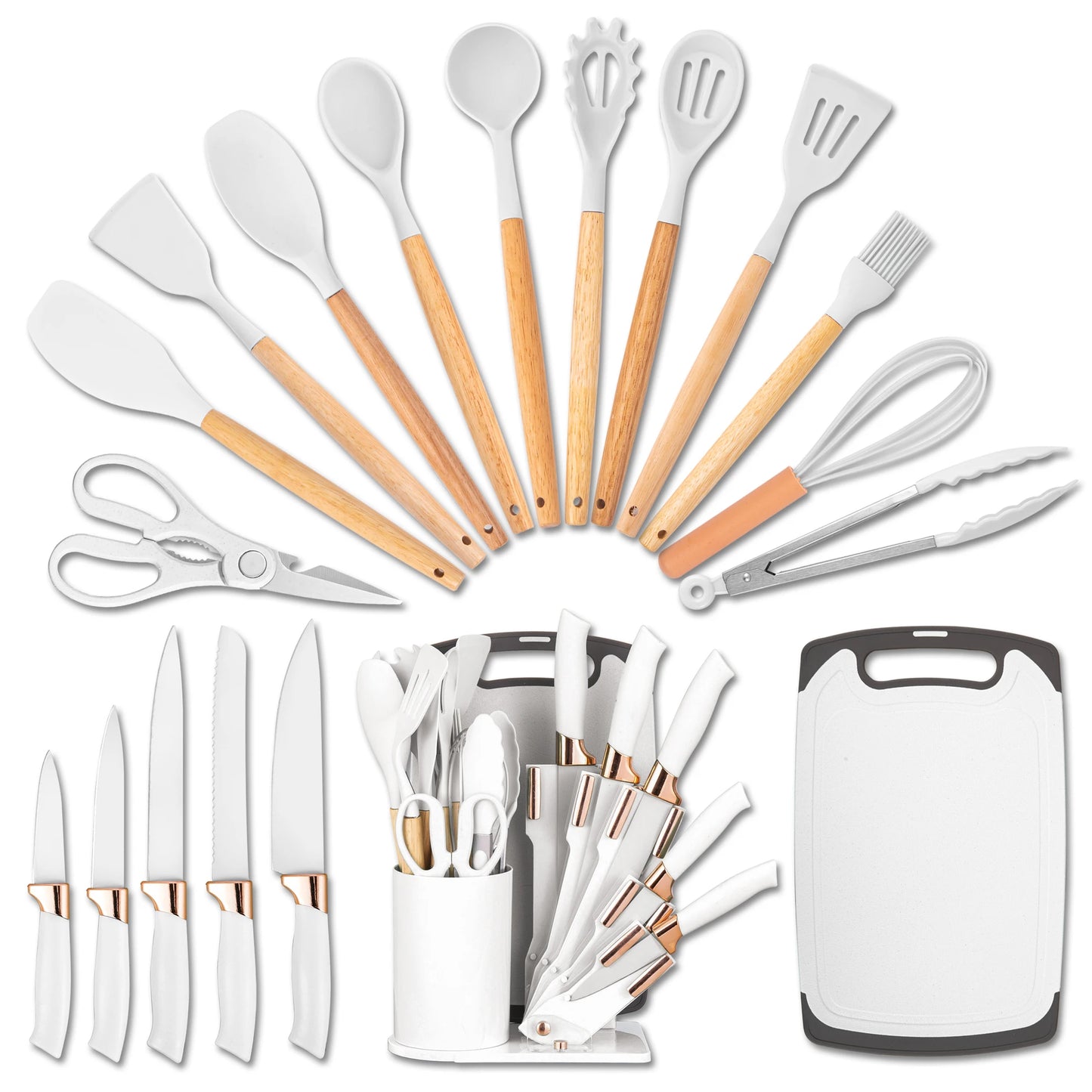 Professional Kitchen Knife Set With Silicone Utensils And Cutting Board