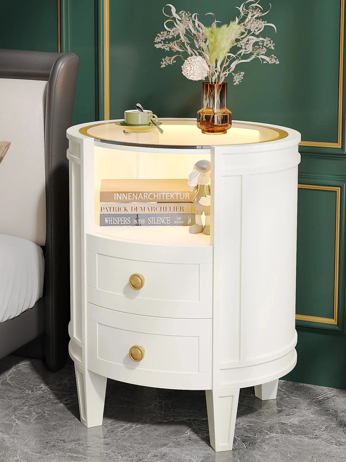 Little Tree 2 Drawer Nightstand Glass Tabletop Modern LED Nightstand