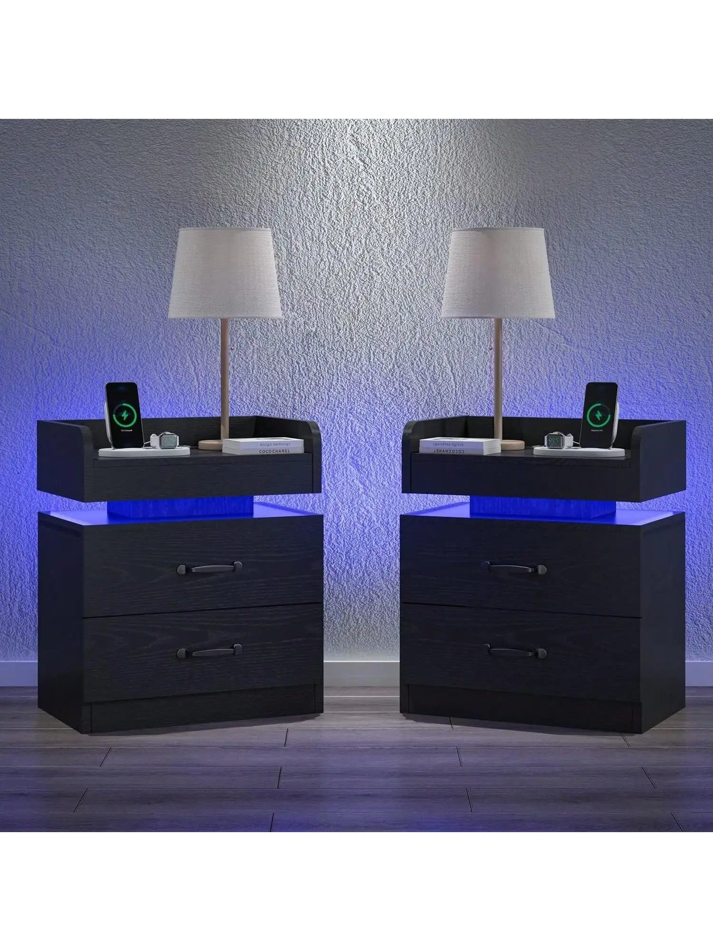 Modern LED Nightstand Set of 2 With USB Charging Station