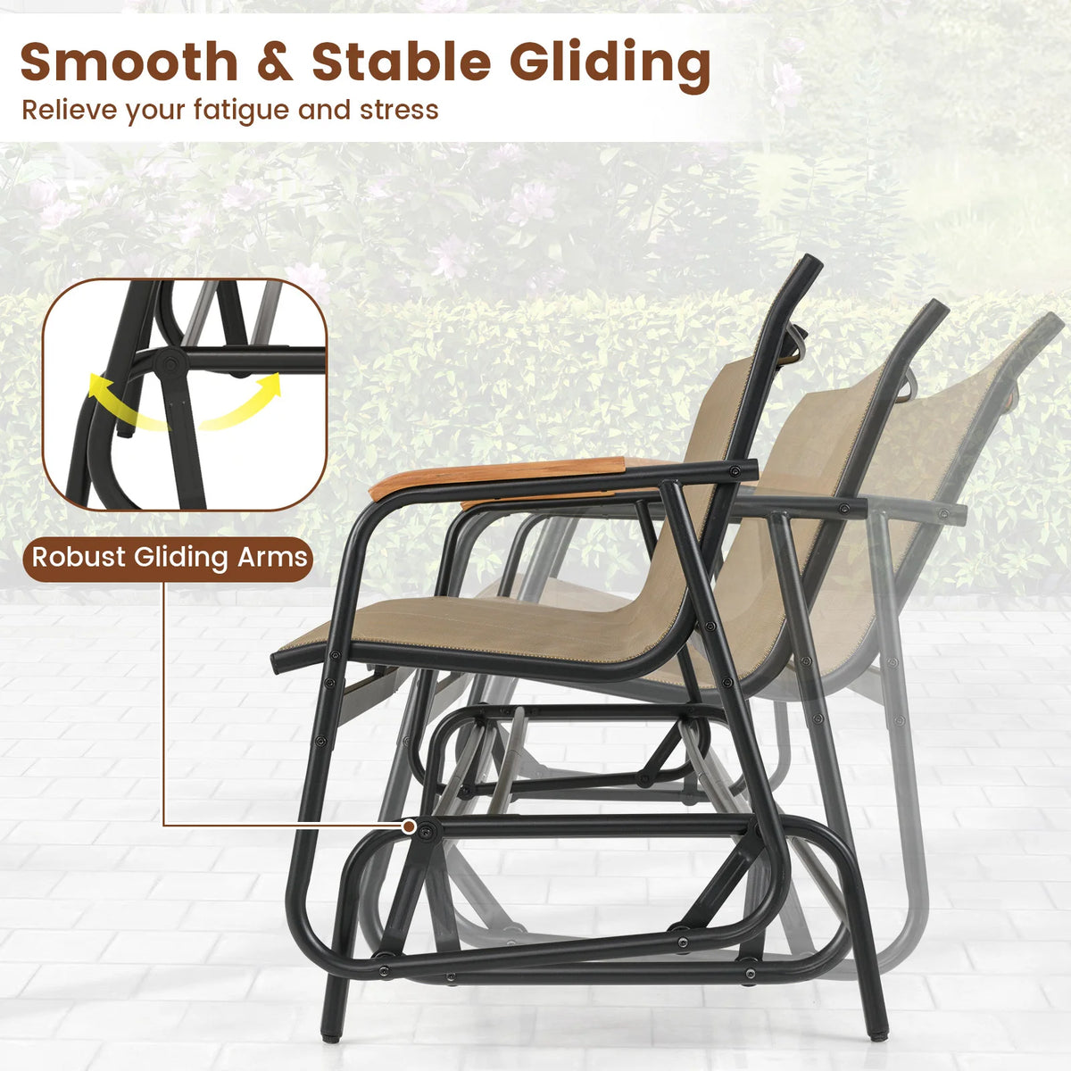 LIFEZEAL Outdoor Patio Glider Bench Loveseat With Curved Teak Armrests