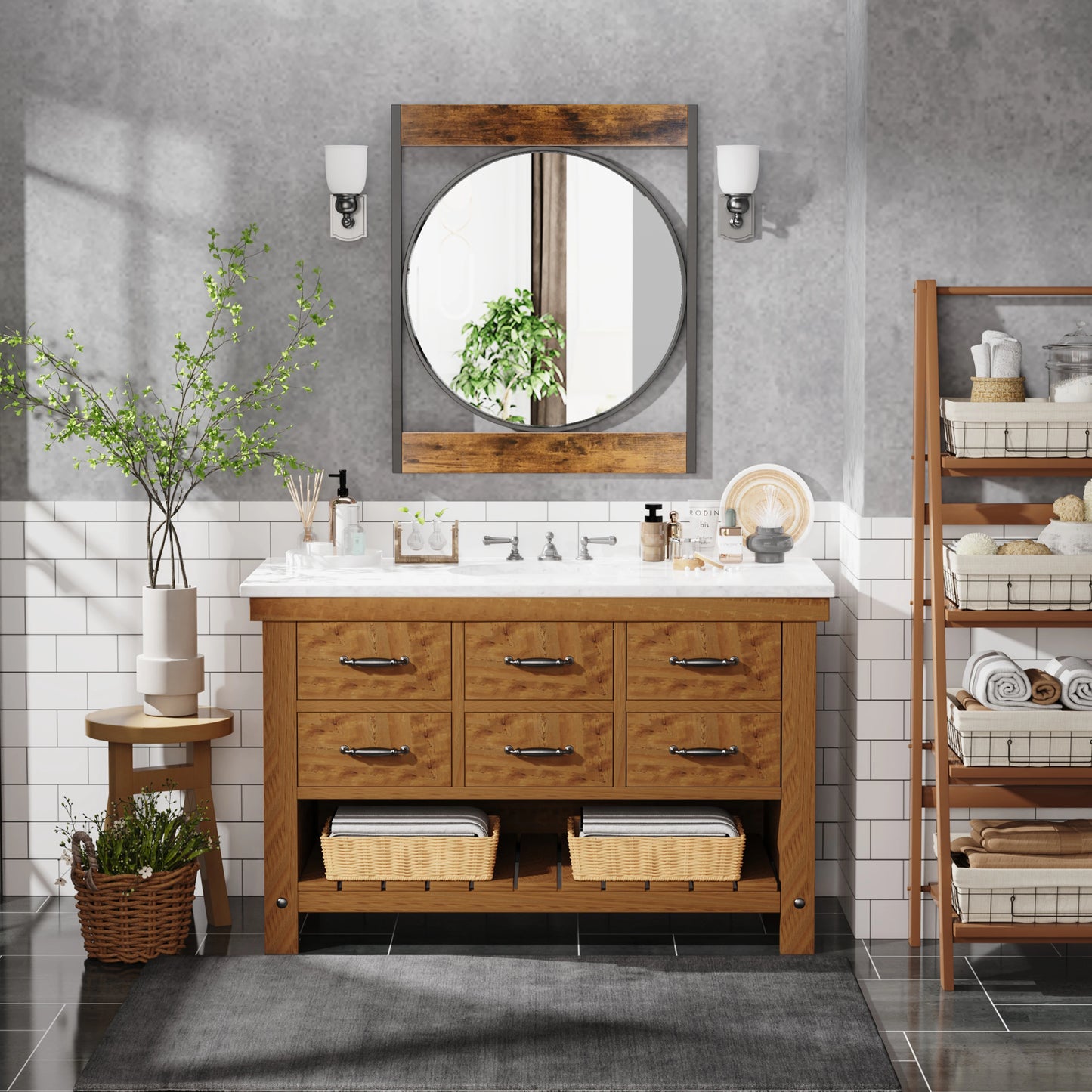 Industrial Metal Wood Frame Wall Mount Mirror For Bathroom And Living Room