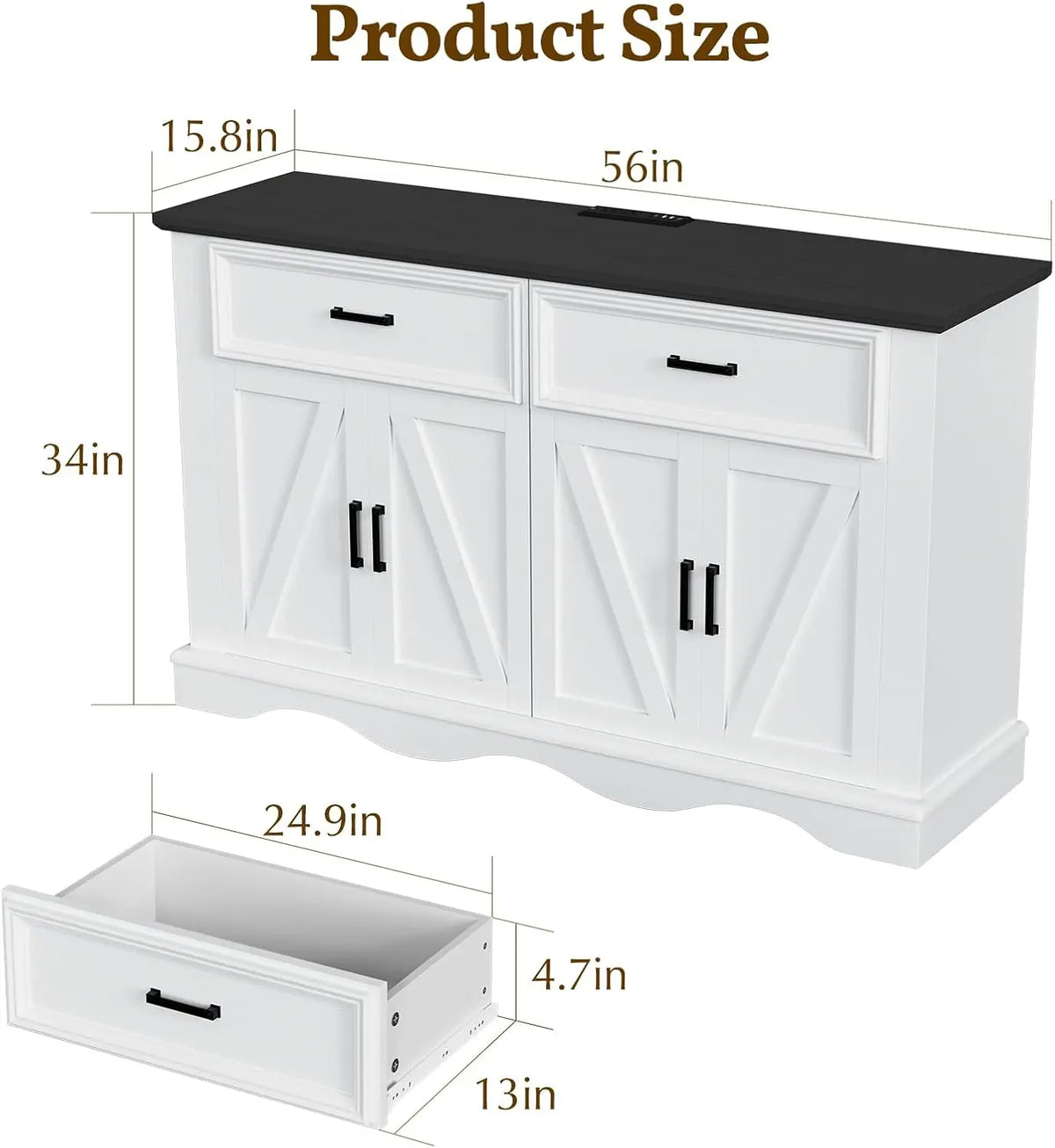 Farmhouse Buffet Cabinet With Charging Station And Adjustable Shelves