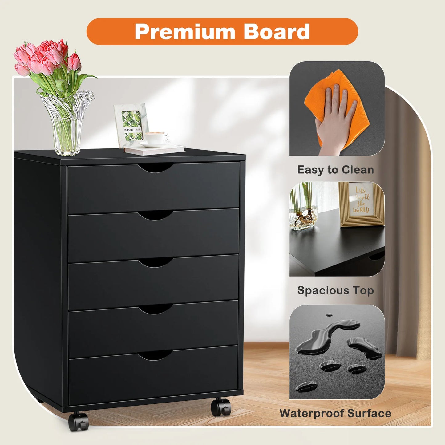 JHK Wood Nightstand 5 Drawer Storage Organizer With Wheels