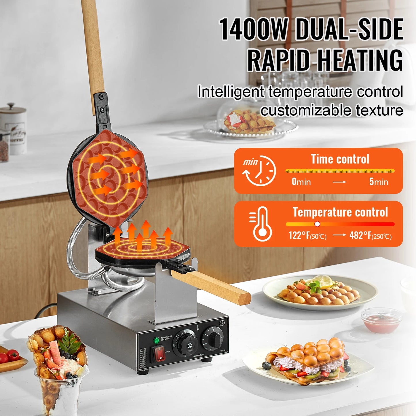 VEVOR Egg Bubble Waffle Maker 1000W Rotating Dual Pans