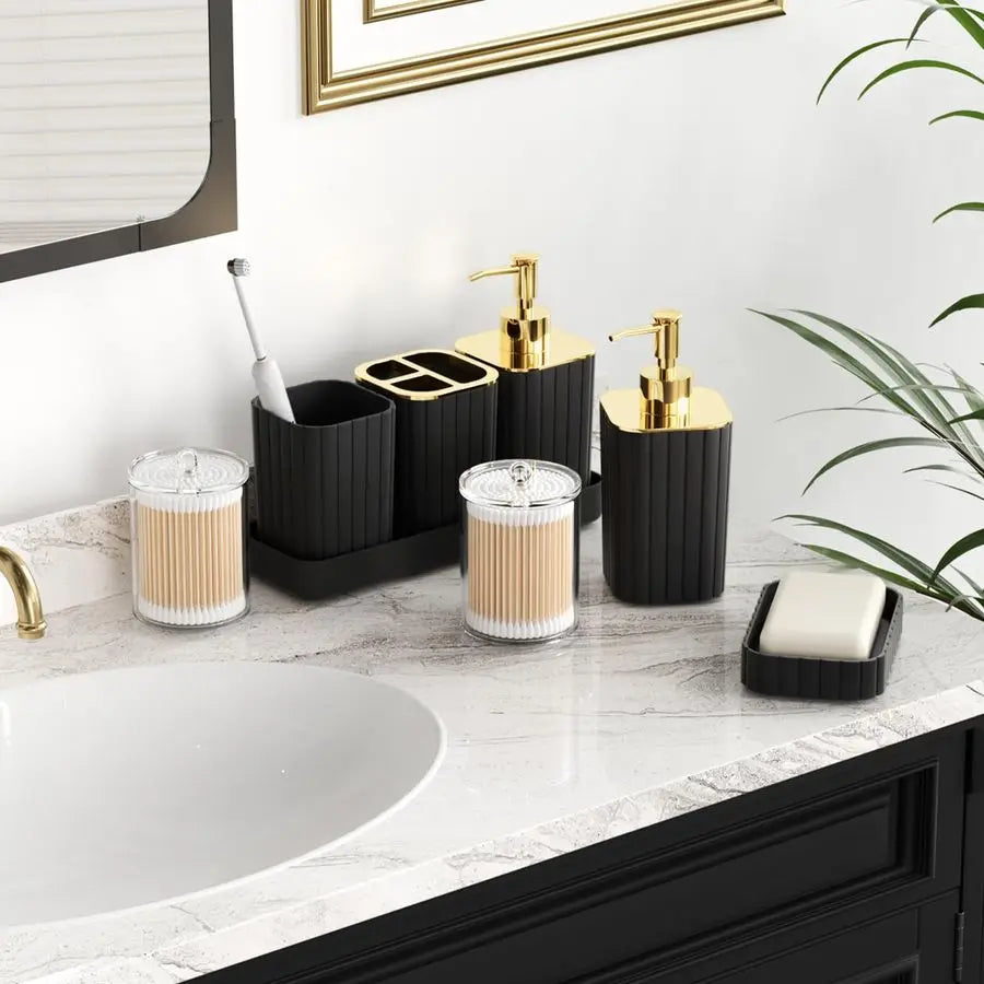 Bathroom Accessory Set With Toilet Brush Trash Can Qtip Holder Soap Dispenser