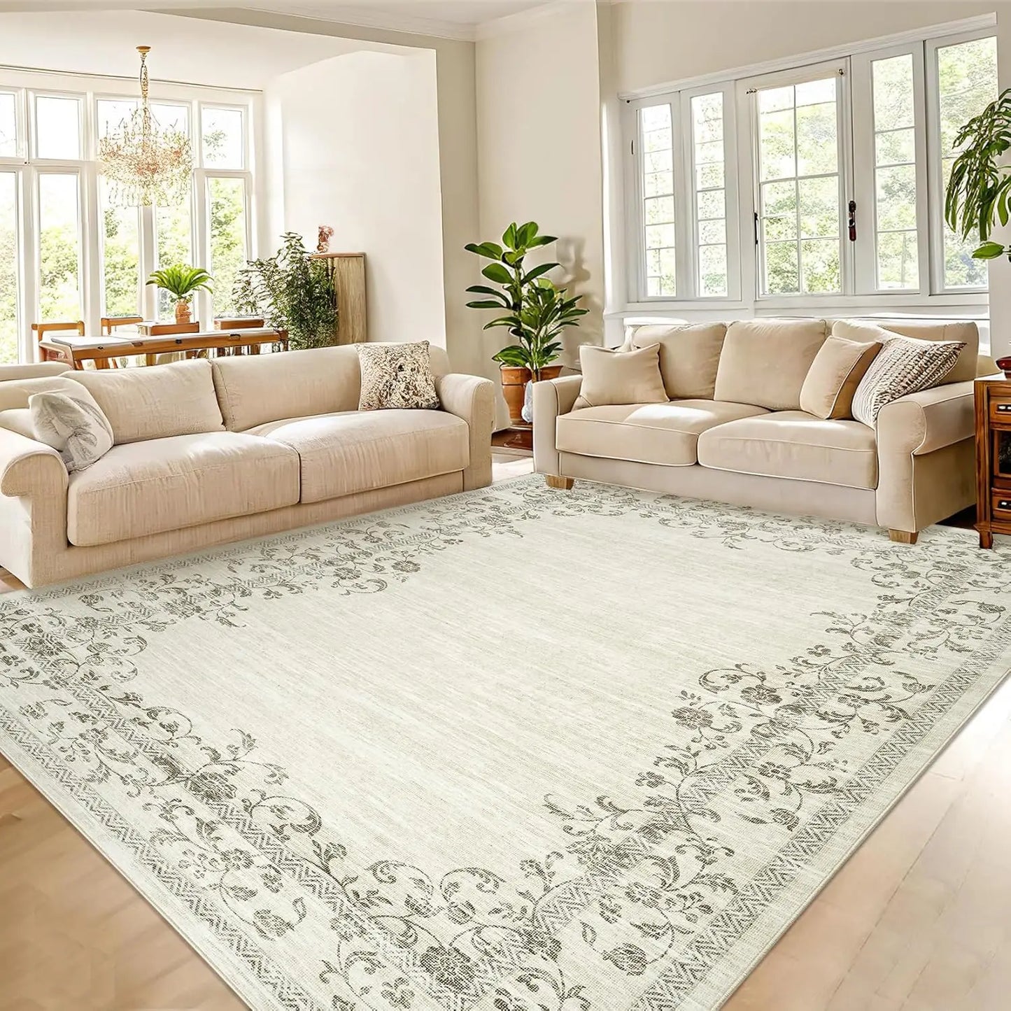 HiMISS Floral Bordered Washable Area Rug For Living Room