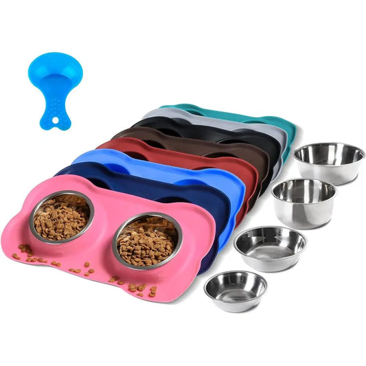 Stainless Steel Dog Bowls Set With No Spill Silicone Mat