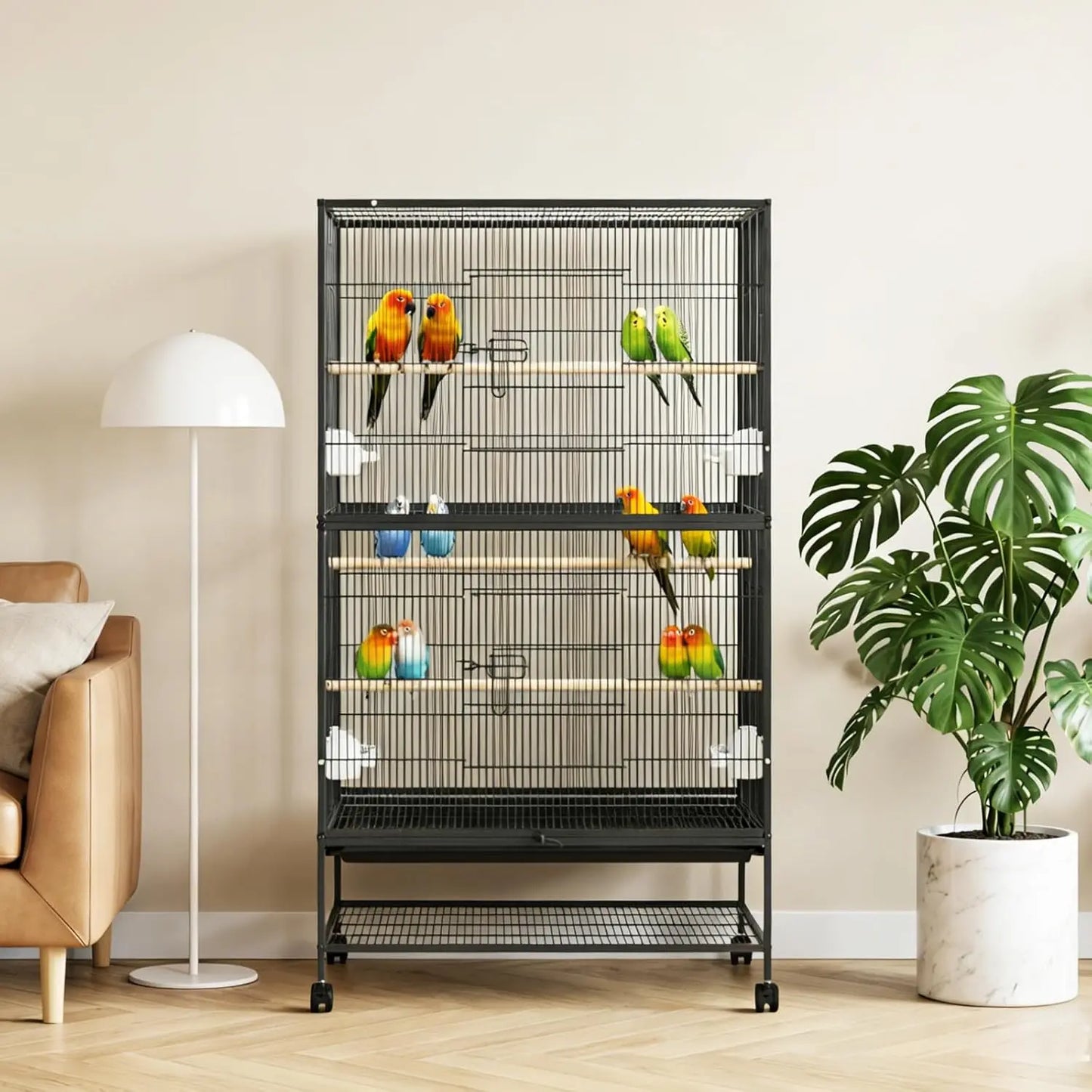 HiMISS Spacious Bird Cage With Rolling Stands And Feed Bowls