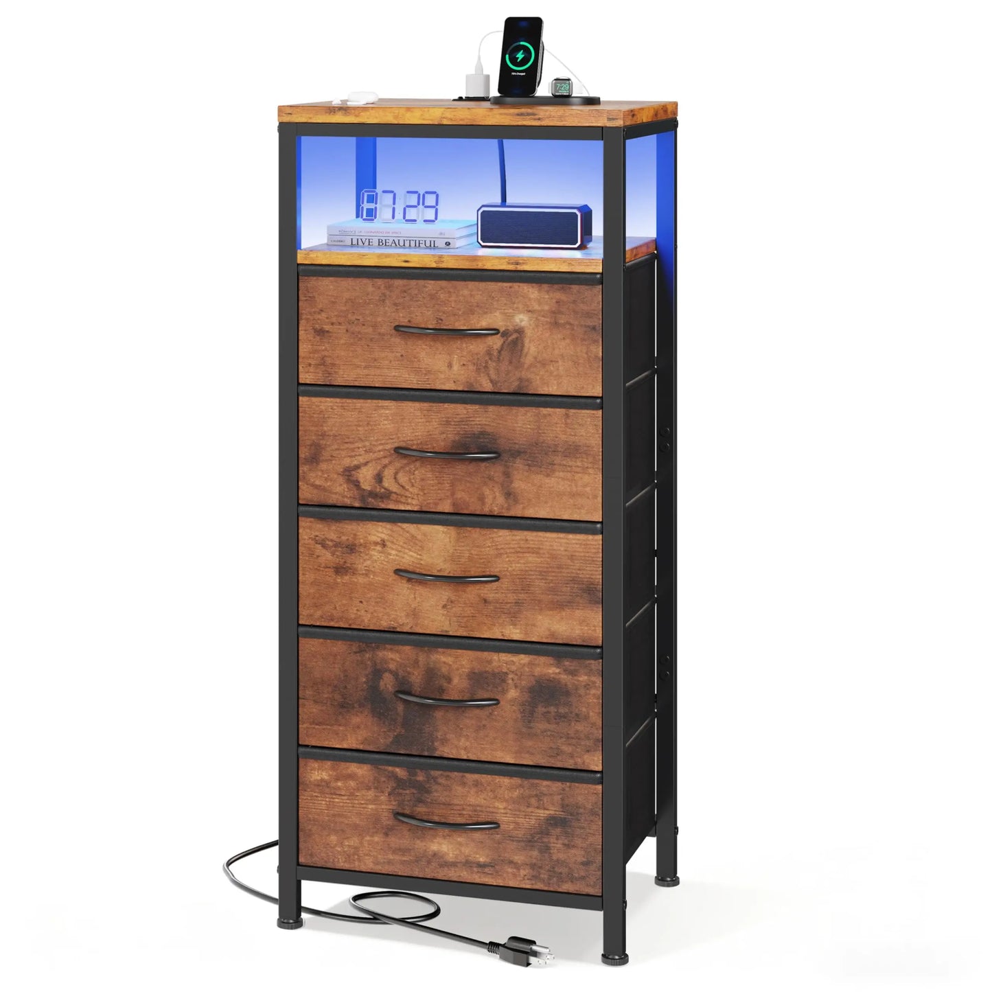JHK 5-Drawer Dresser Nightstand With USB Charging Station
