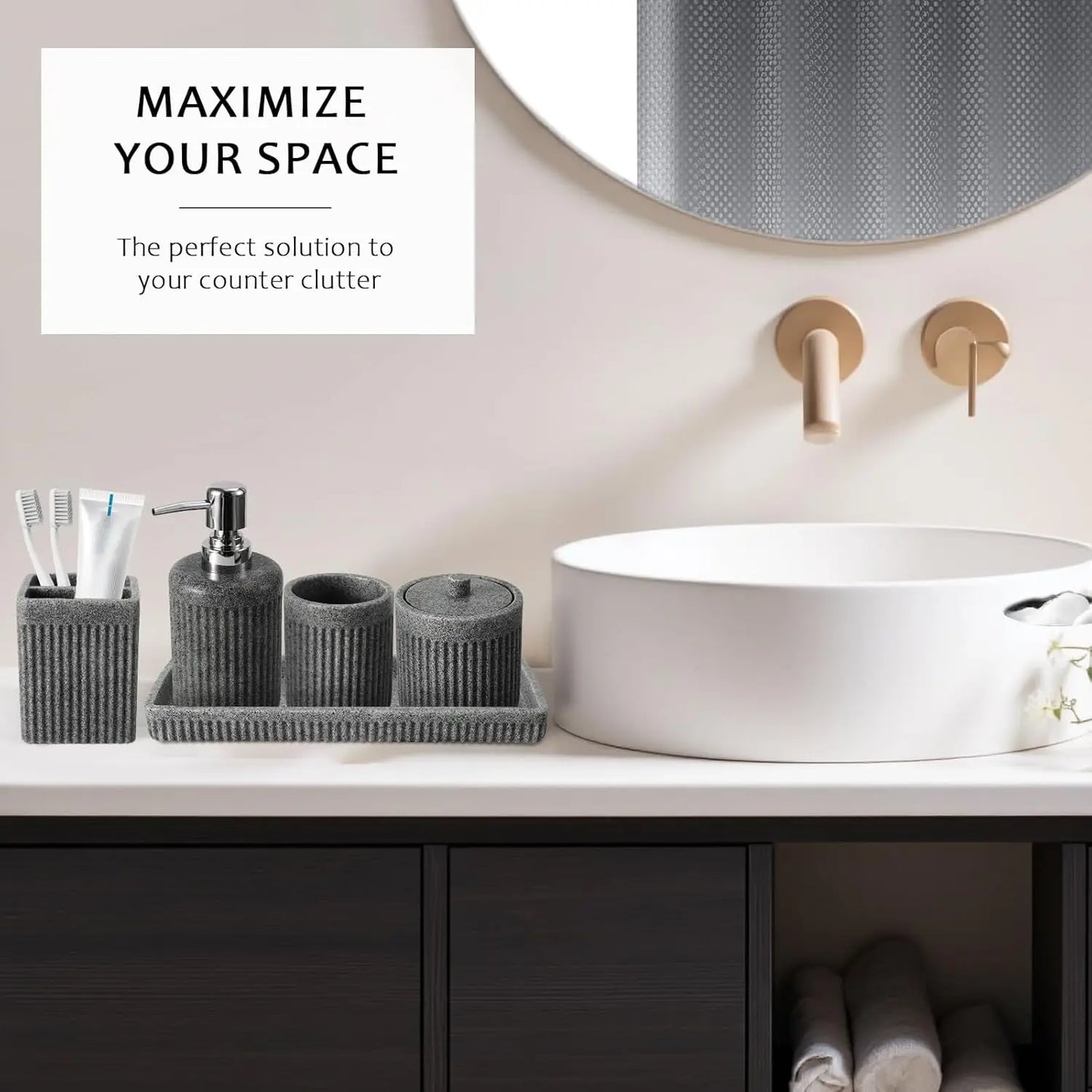 Eight Piece Resin Bathroom Set With Shower Curtain And Accessories