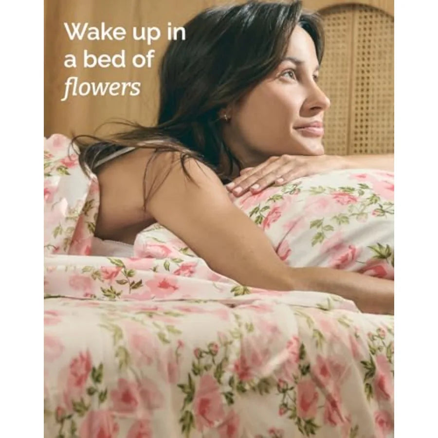 Floral Bed Sheet Set With Deep Pocket Pillowcases Polyester Cotton