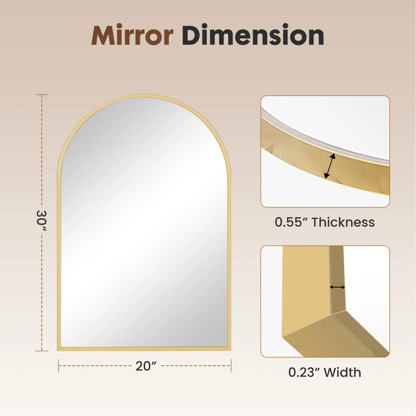 JHK Arched Glass Mirror For Wall Modern Framed Bathroom Decor