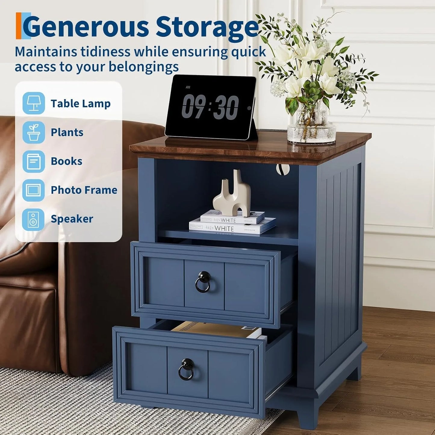 Modern Fluted Wood Nightstand With USB Charging And Storage Shelf