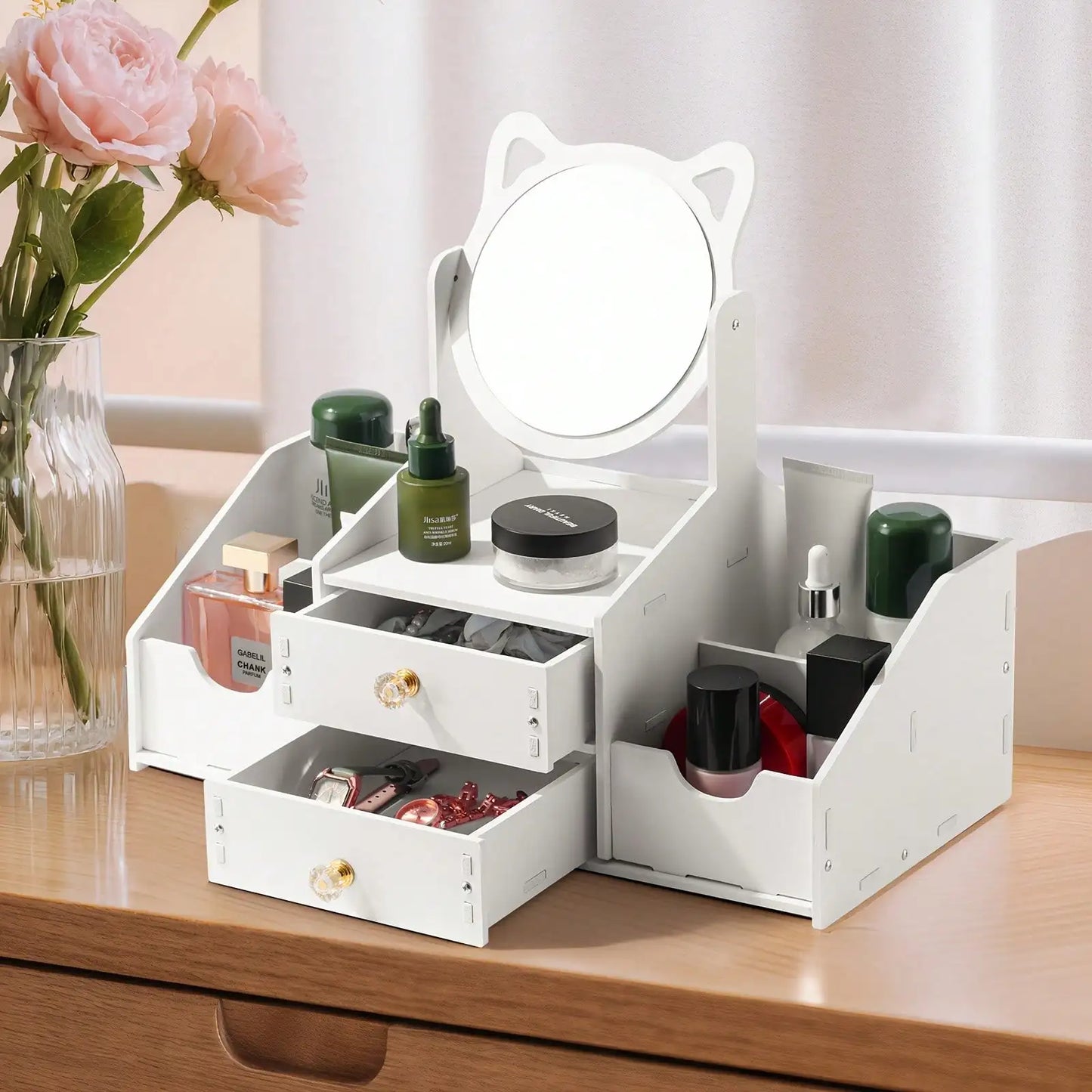 Mirror Makeup Organizer Plastic Storage Box For Vanity Bathroom