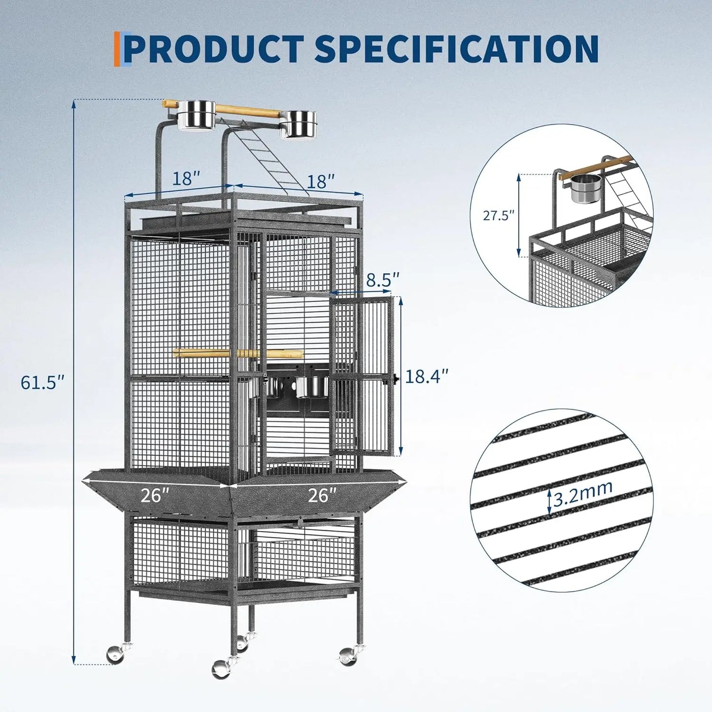 HiMISS Metal Bird Cage With Play Top And Swivel Wheels