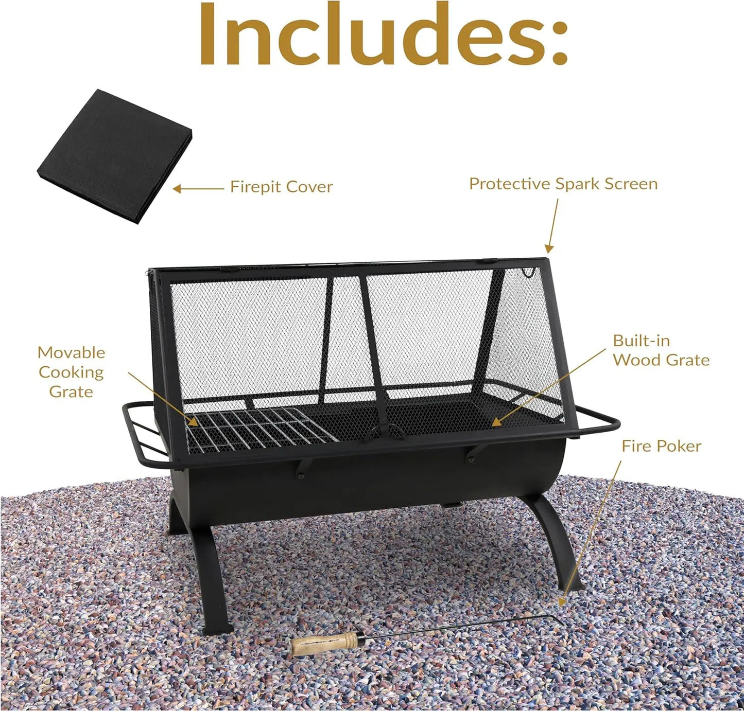 36 Inch Steel Outdoor Fire Pit With Grill Cooking Grate Spark Screen Cover Poker
