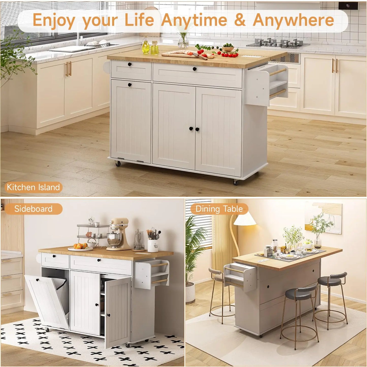 ONBRILL Mobile Kitchen Island with Power Outlet and Spice Rack