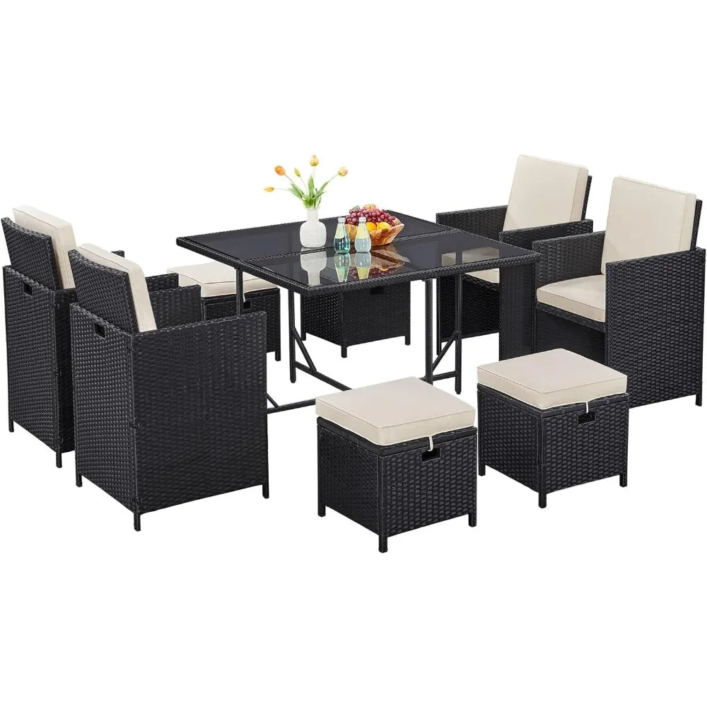 9 Piece Patio Dining Set Outdoor Rattan Chairs With Glass Table