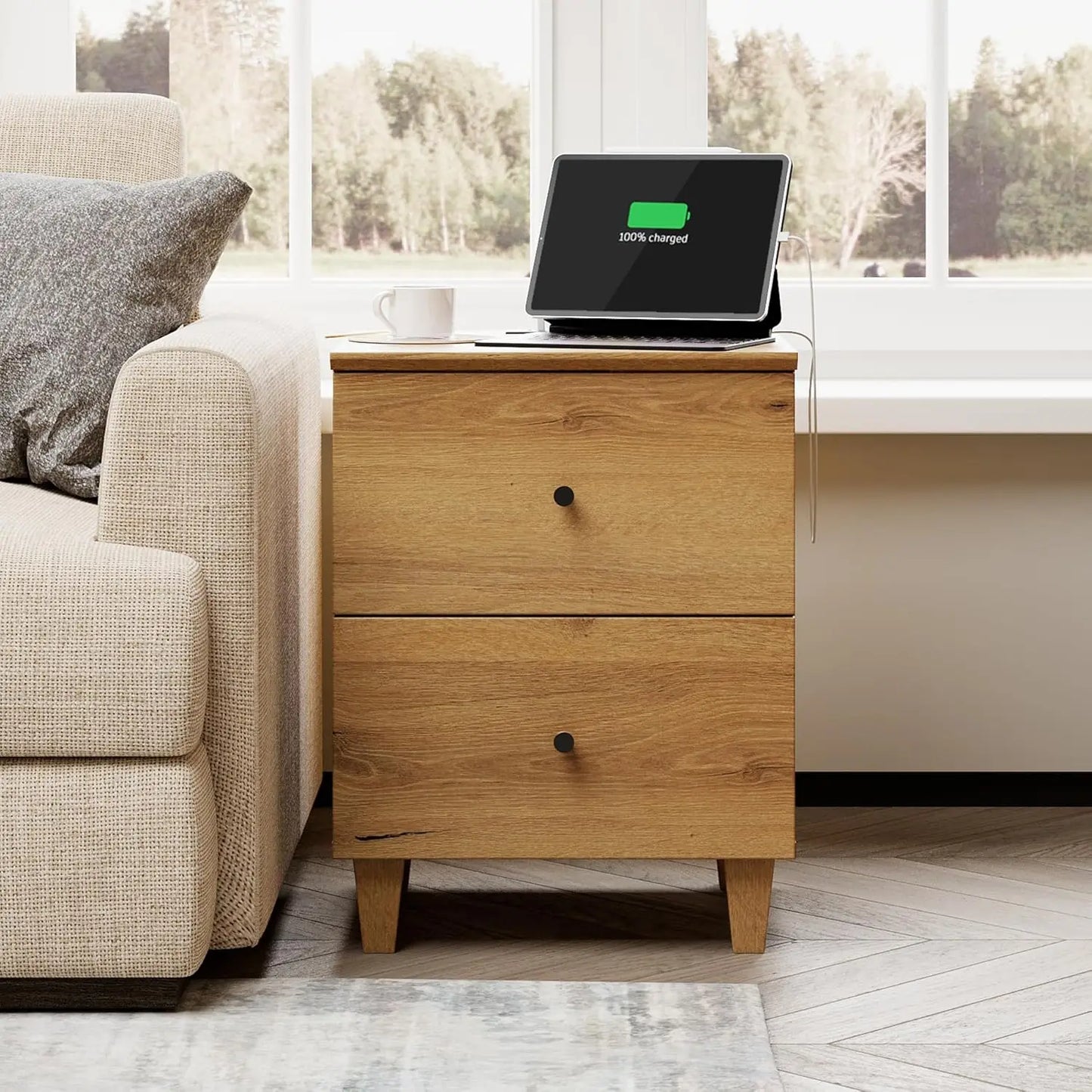Nightstands With Charging Station and Two Drawers Modern Farmhouse Wood