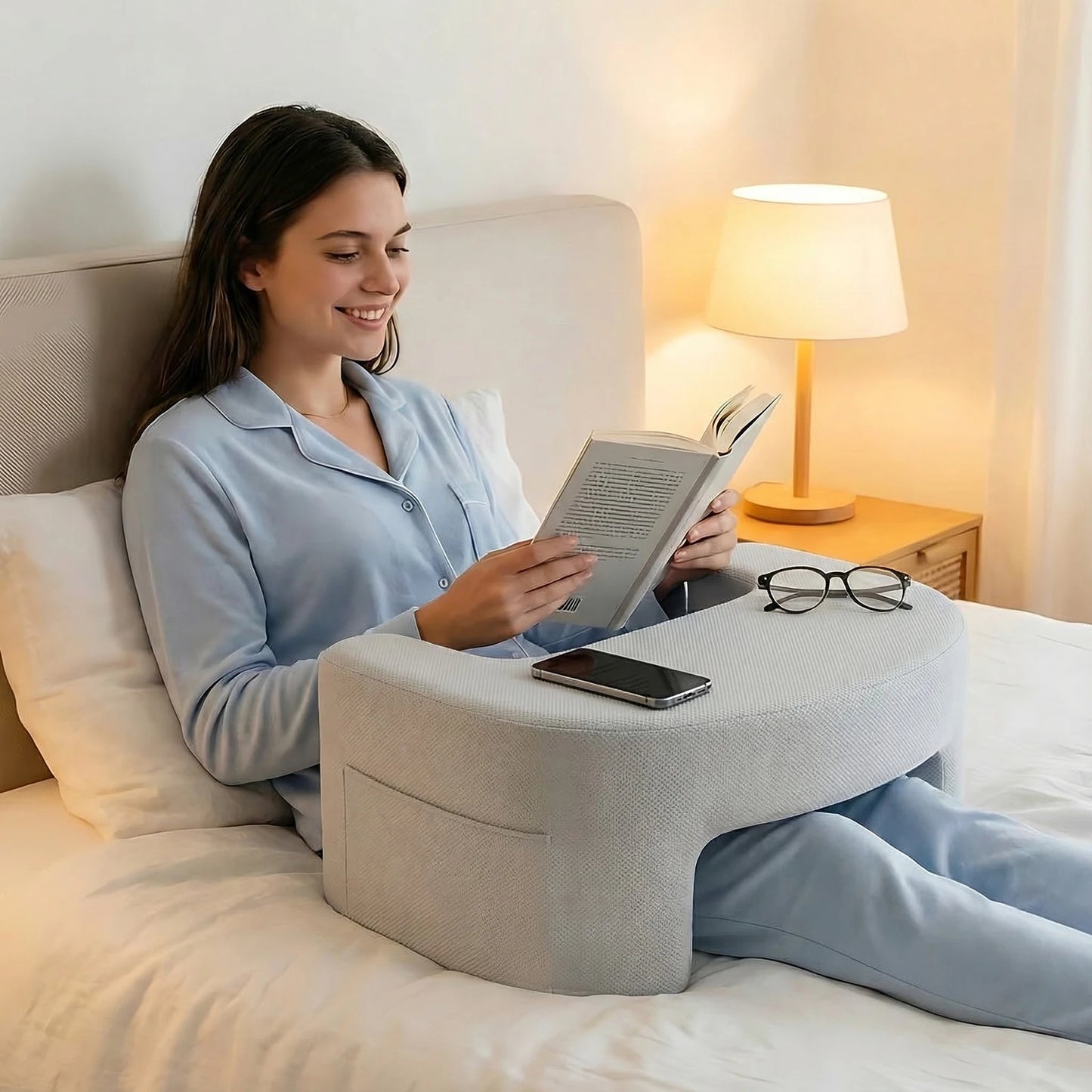 JHK Curved Reading Pillow Ergonomic Memory Foam Neck Pillow Ventilated Cooling Bed Pillow with Removable Washable Cover Comfort
