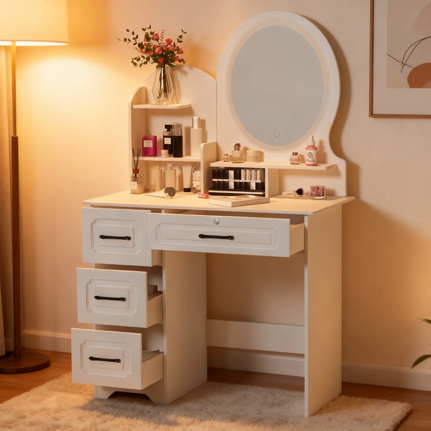 Modern Vanity Table With Mirror Lights And Four Drawers