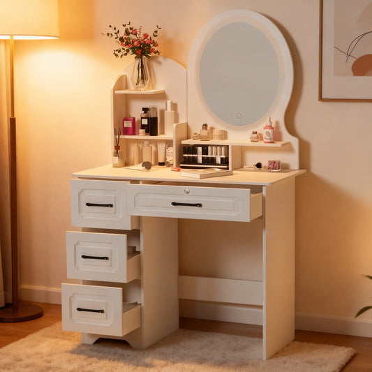 Modern Vanity Table With Mirror Lights And Four Drawers