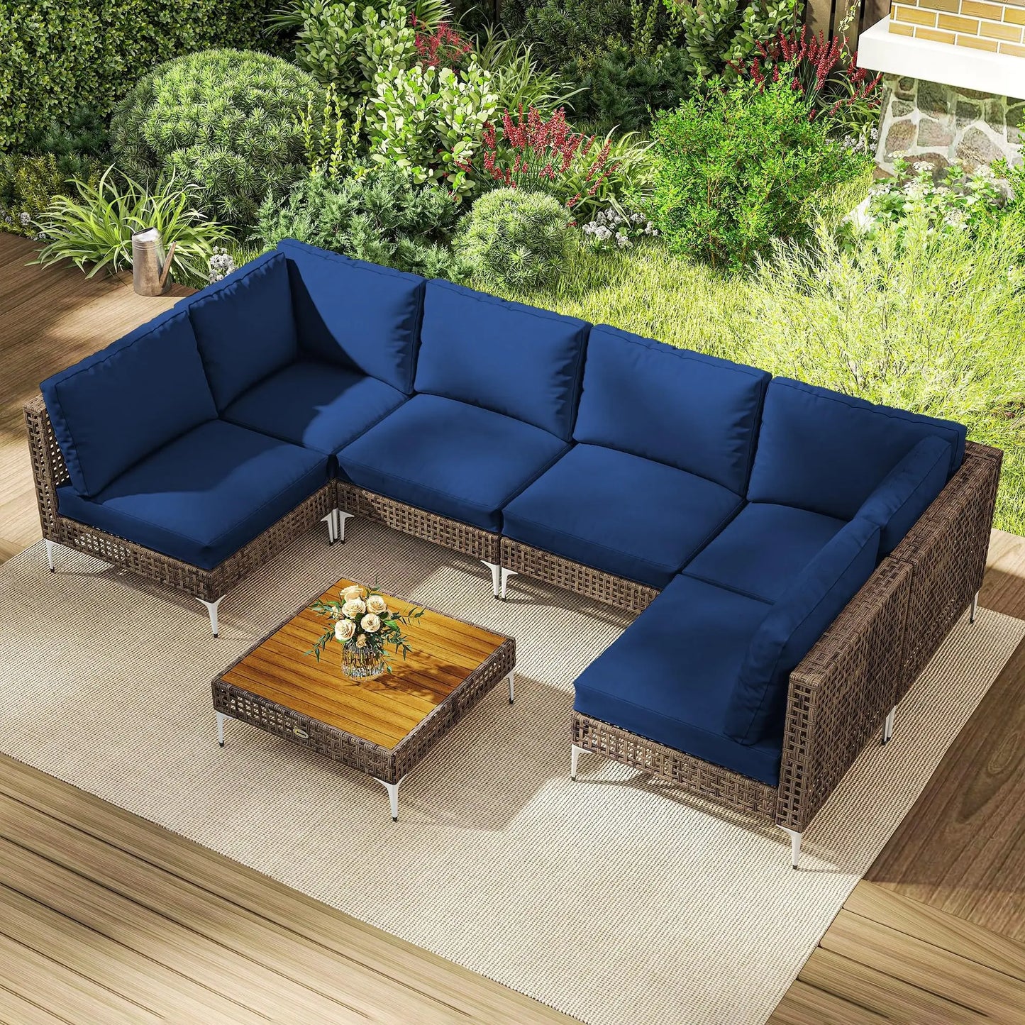 7 Piece Wicker Patio Furniture Set With Modular Outdoor Sectional