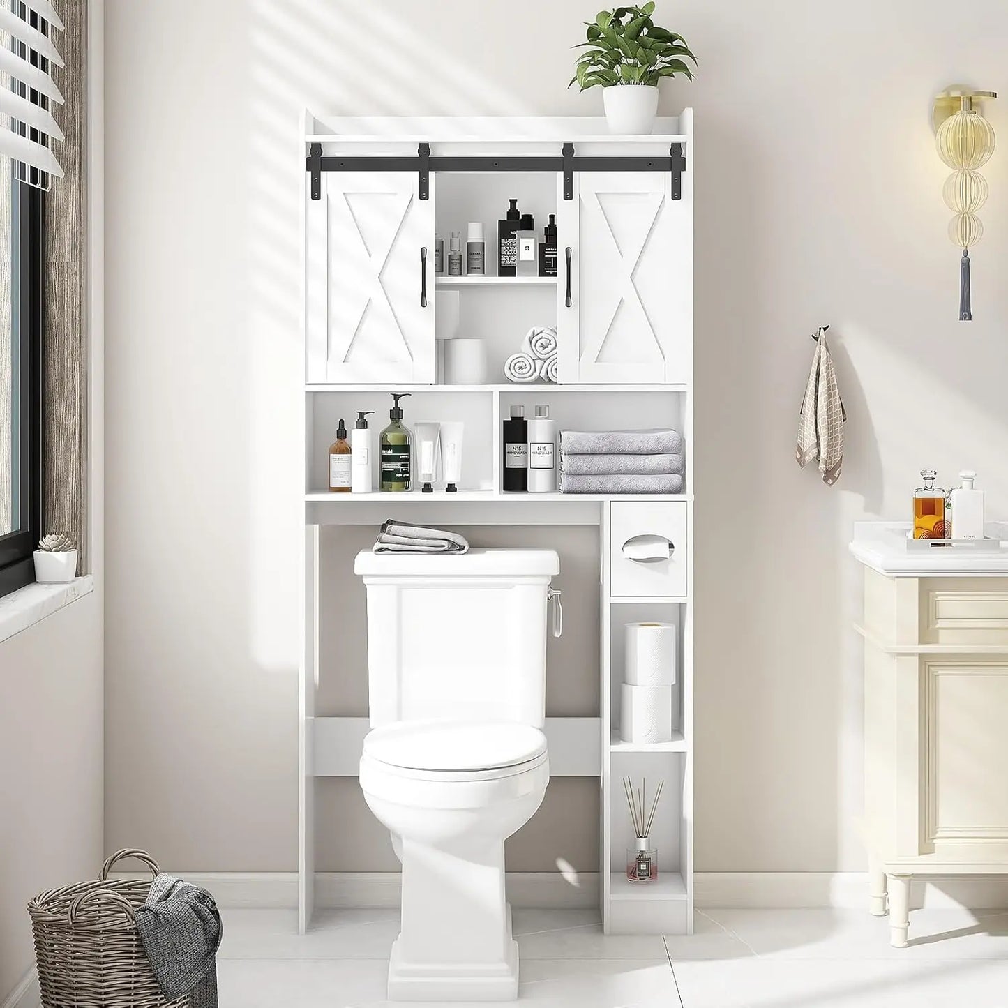 Over Toilet Storage Cabinet Farmhouse Bathroom Organizer With Sliding Doors