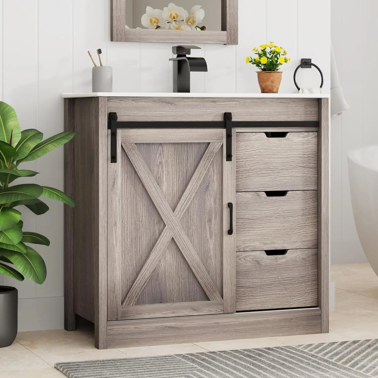 Guangbai Bathroom Vanity With Sink Faucet Mirror Farmhouse Storage Cabinet