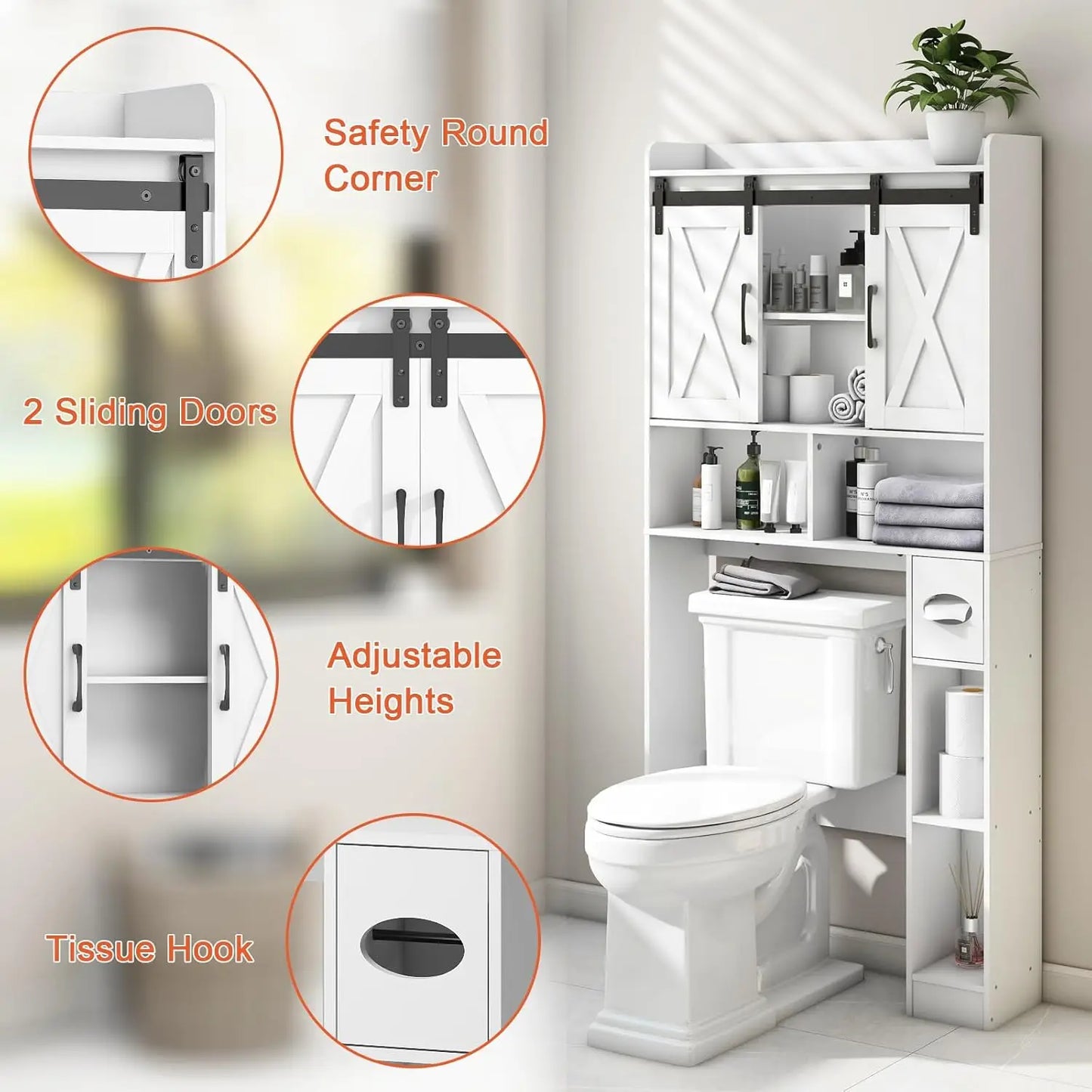 Over Toilet Storage Cabinet Farmhouse Bathroom Organizer With Sliding Doors