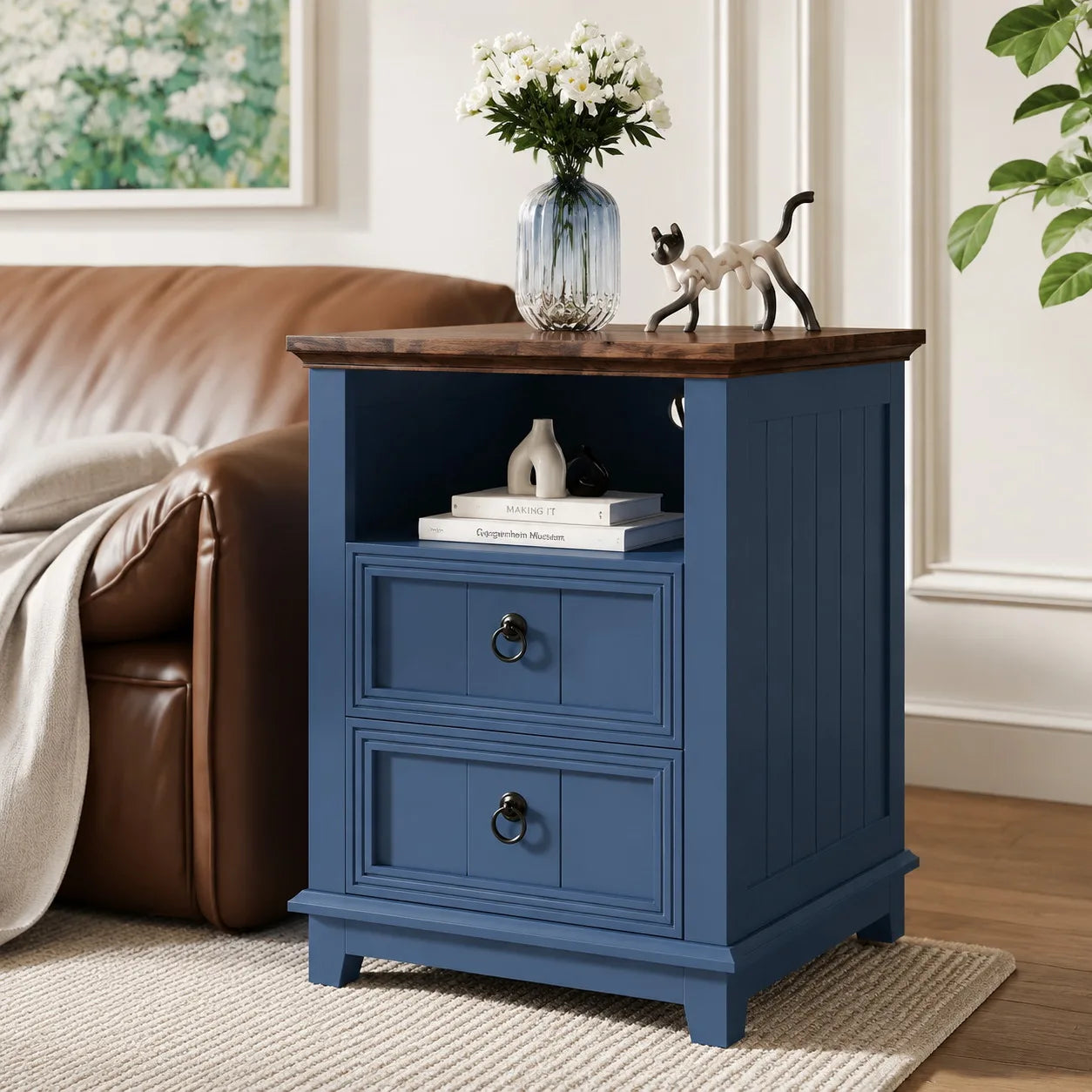 Modern Fluted Wood Nightstand With USB Charging And Storage Shelf