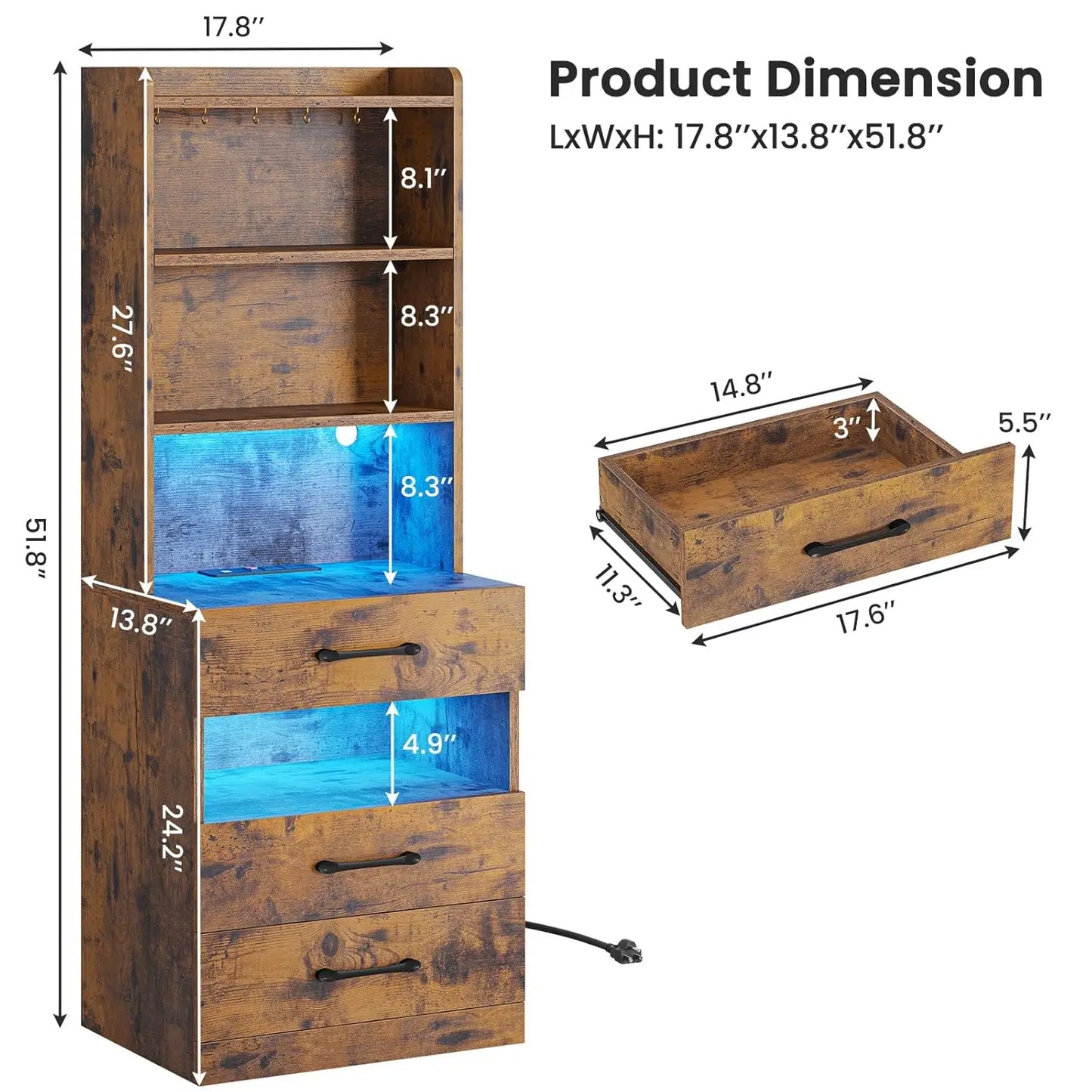 MOYU Nightstand With Charging Station And Led Lights