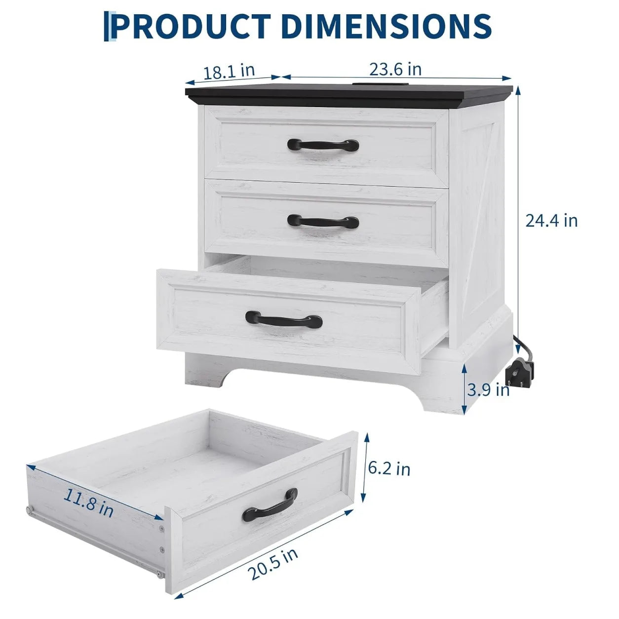 Modern Farmhouse Nightstand With Three Drawers And USB Charging
