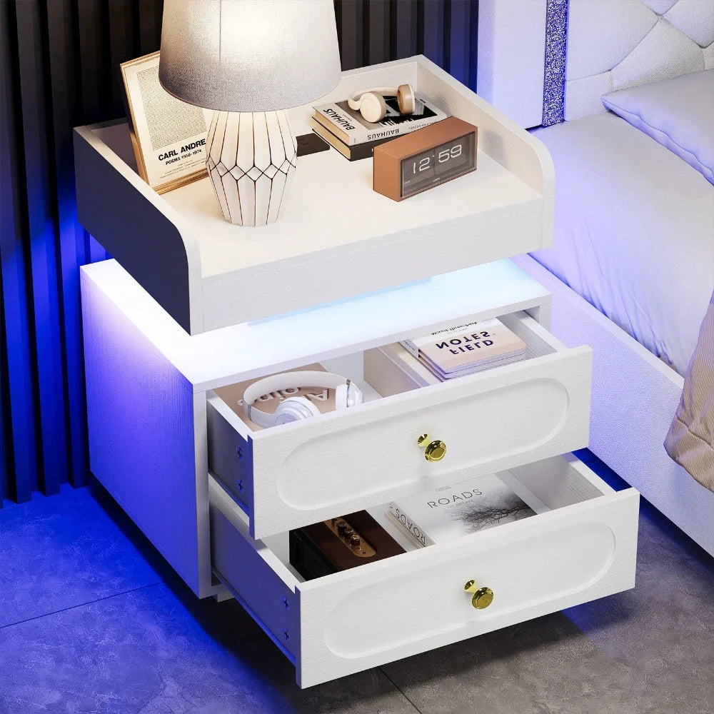 Nightstand With Charging Station And LED Lighting Modern Bedside Table