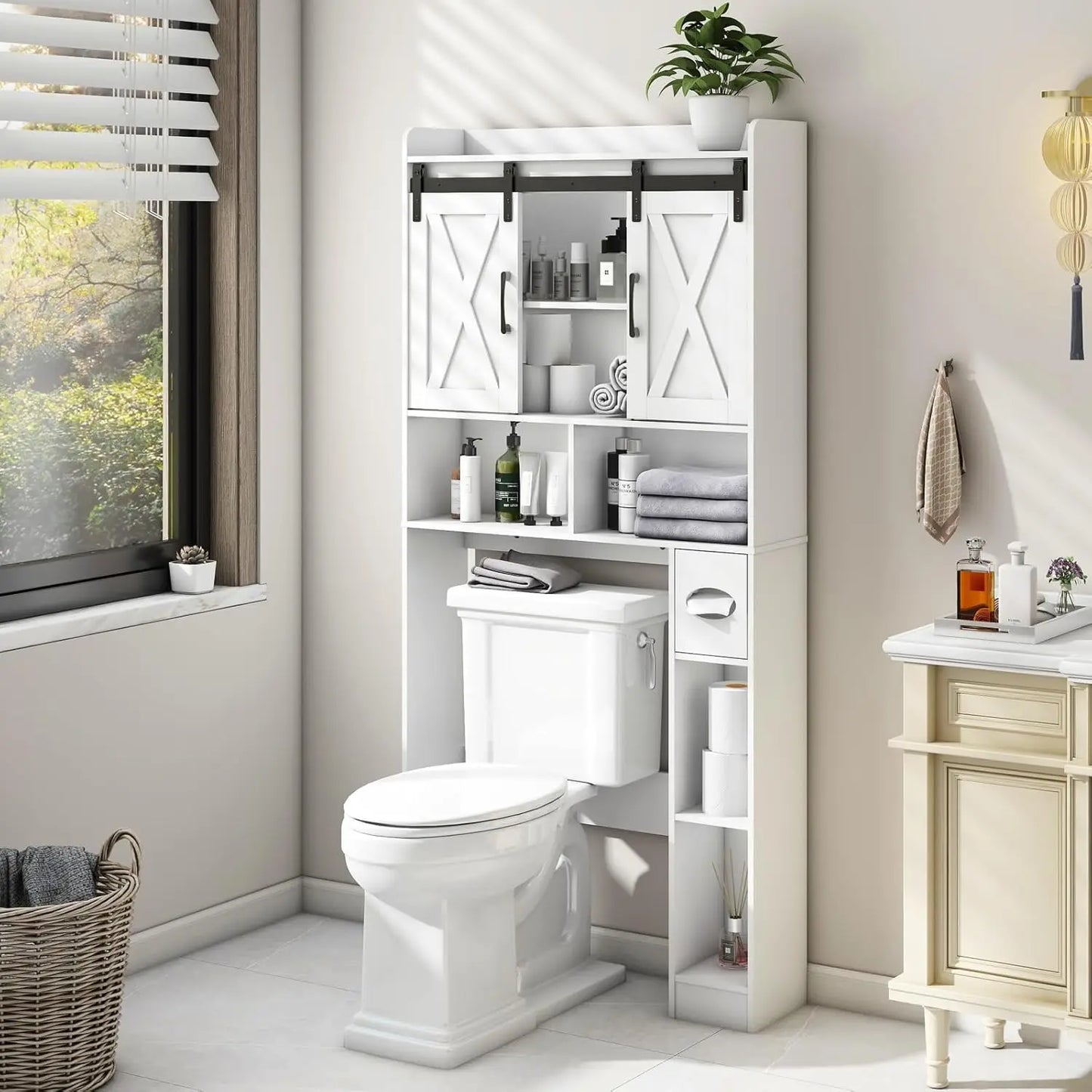 Over Toilet Storage Cabinet Farmhouse Bathroom Organizer With Sliding Doors